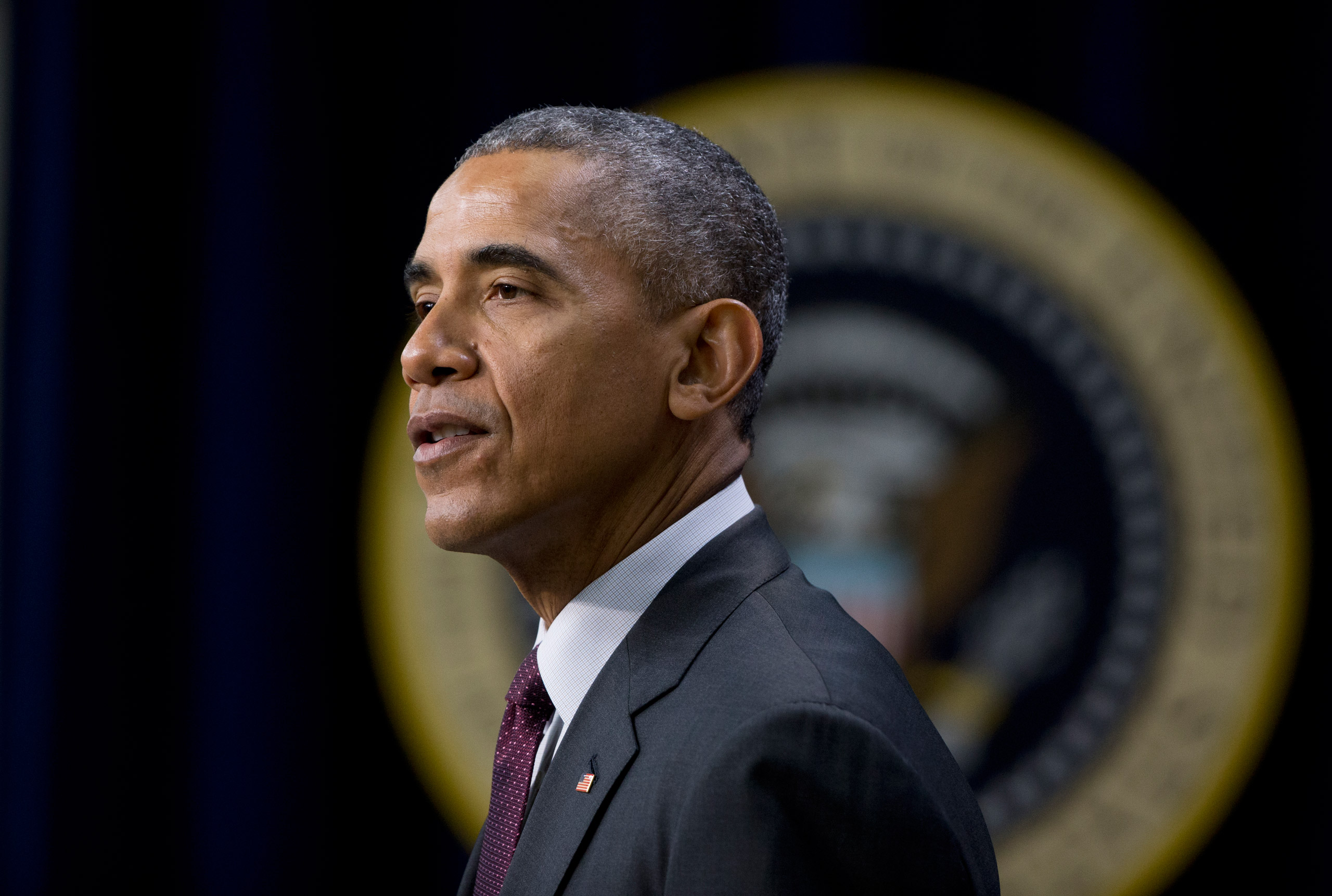 President Barack Obama speaks in the Eisenhower Executive Office Building on the White House complex in Washington, Friday, Jan. 29, 2016, to mark the 7th anniversary of the signing of the Lilly Ledbetter Fair Pay Act. (AP Photo/Manuel Balce Ceneta)