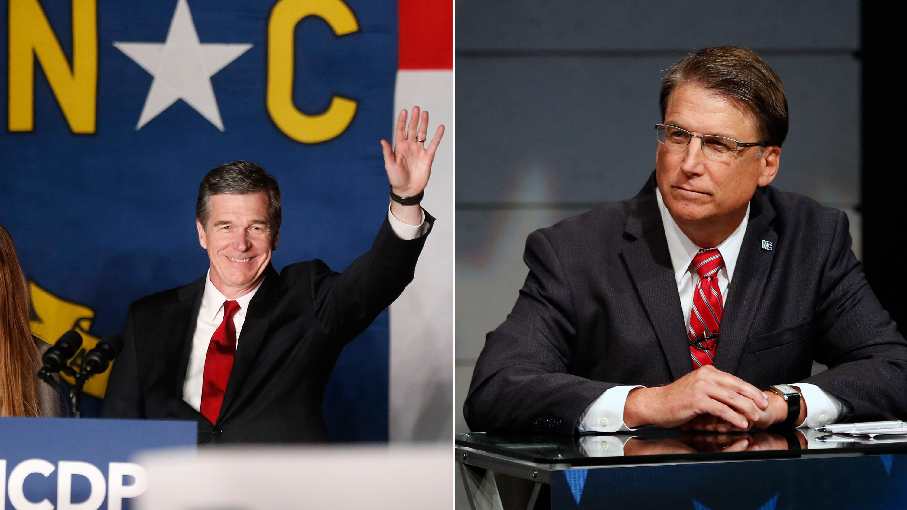 Roy Cooper greets supporters during an election party hosted by the North Carolina Democratic Party on Nov. 8, 2016; Pat McCrory, Republican candidate for Governor of North Carolina, during a debate at WRAL studios in Raleigh, N.C., on Oct. 18, 2016.