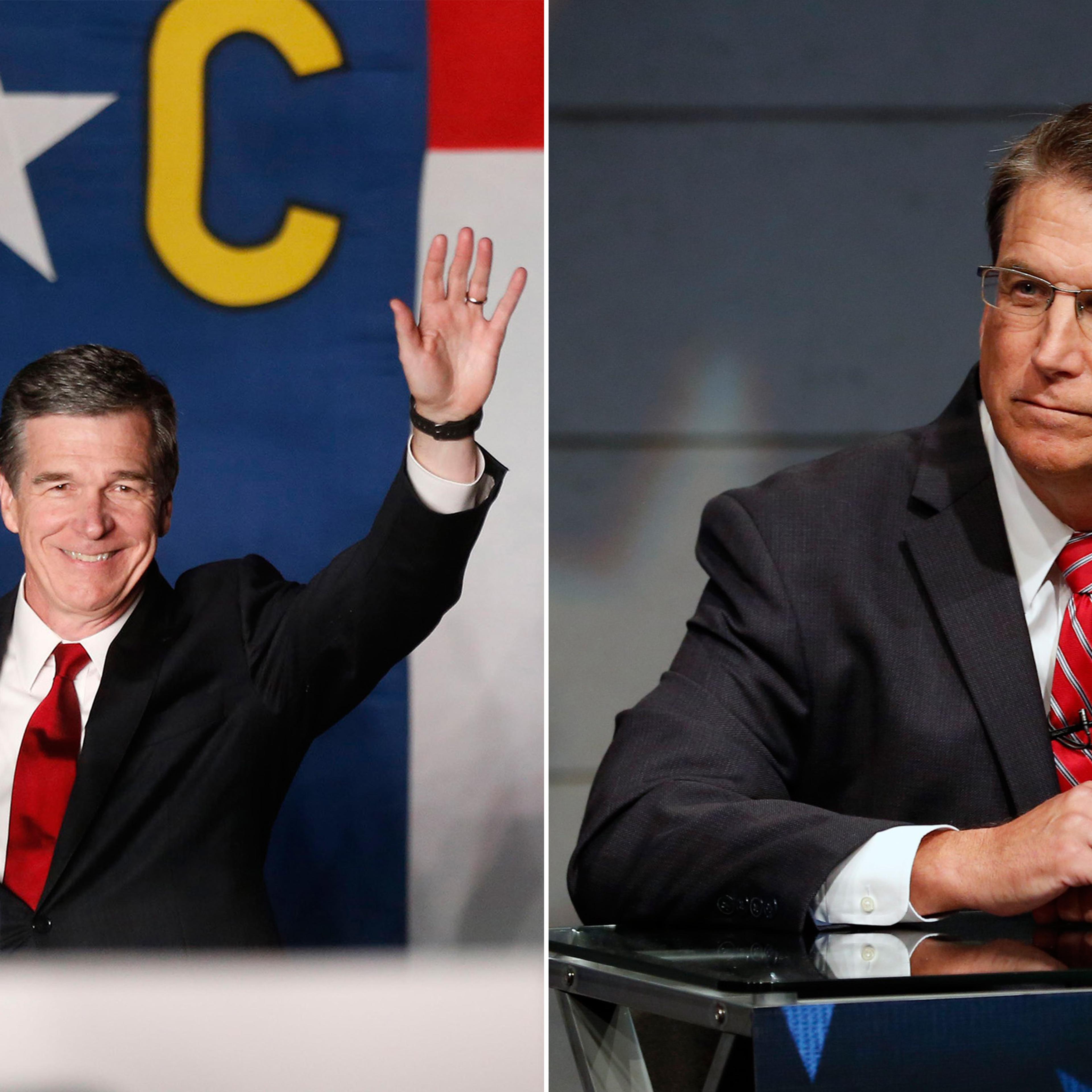 Roy Cooper greets supporters during an election party hosted by the North Carolina Democratic Party on Nov. 8, 2016; Pat McCrory, Republican candidate for Governor of North Carolina, during a debate at WRAL studios in Raleigh, N.C., on Oct. 18, 2016.
