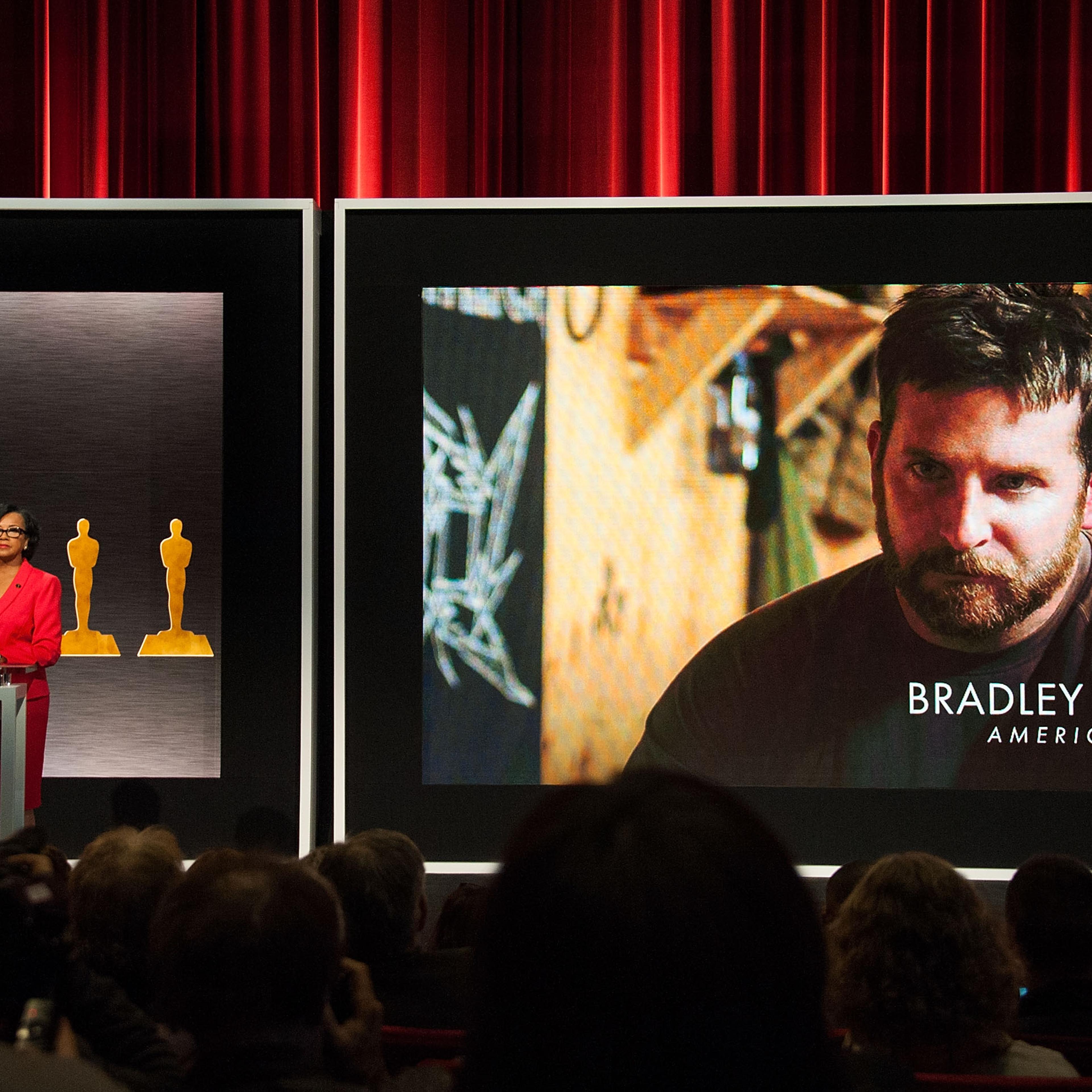 From left: Actor Chris Pine and Academy President Cheryl Boone Isaacs announce Bradley Cooper as a nominee for Best Actor in the film American Sniper at the 87th Academy Awards Nominations Announcement on Jan. 15, 2015 in Beverly Hills, California.