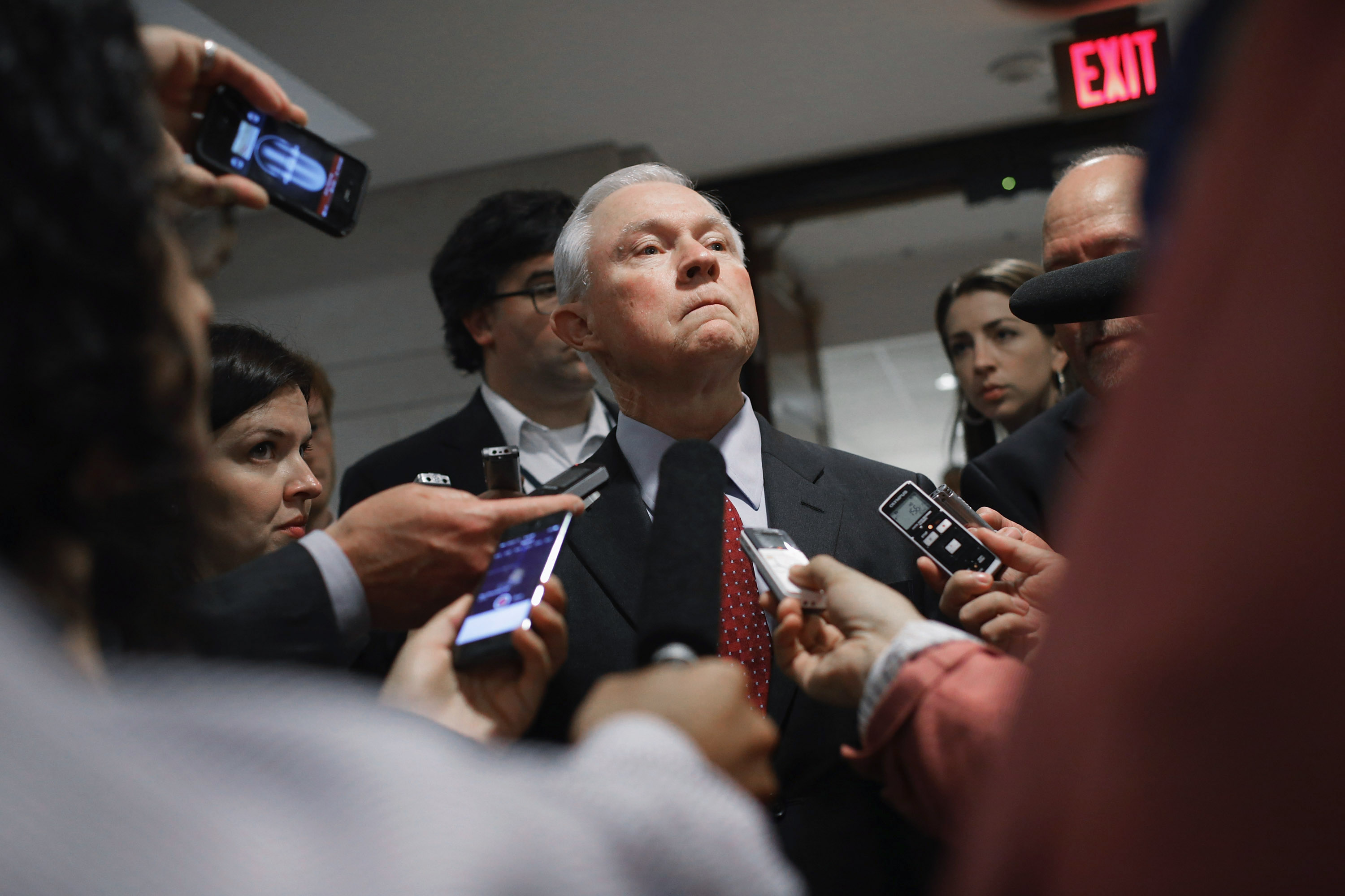 Jeff Sessions talks with reporters after being briefed by military officials about the prisoner exchange that freed Army Sgt. Bowe Bergdahl at the U.S. Capitol on June 10, 2014 in Washington, DC.