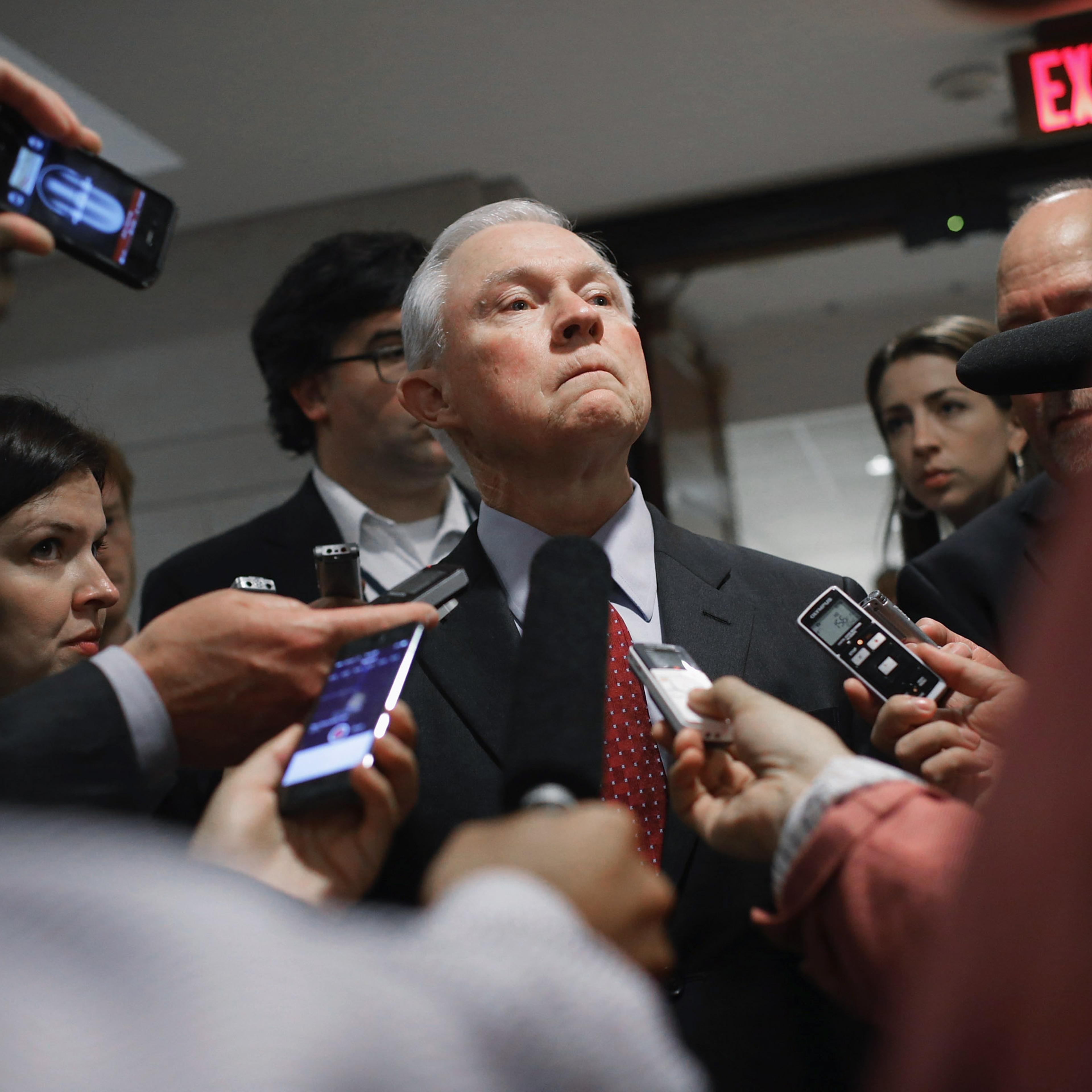 Jeff Sessions talks with reporters after being briefed by military officials about the prisoner exchange that freed Army Sgt. Bowe Bergdahl at the U.S. Capitol on June 10, 2014 in Washington, DC.
