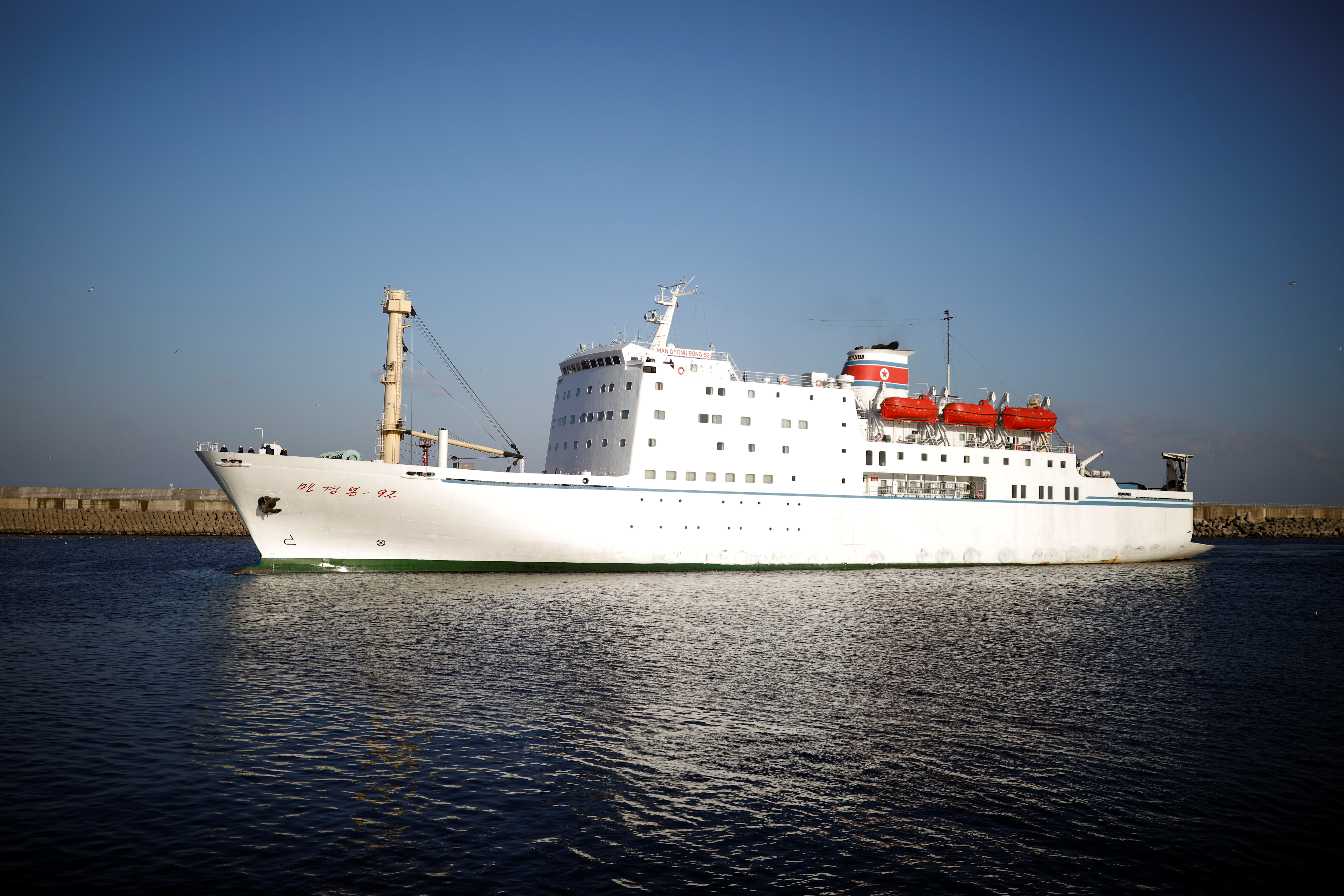 North Korean ferry Mangyongbong-92 carrying a 140-strong orchestra approaches a port in Donghae