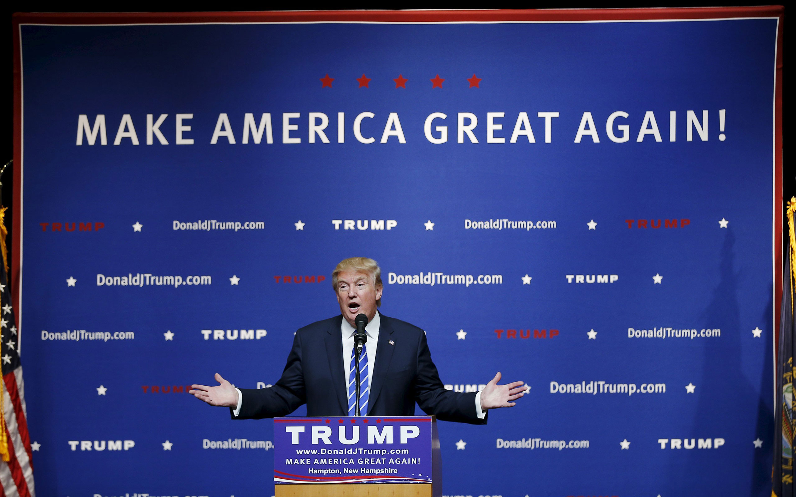 Donald Trump speaks at a campaign rally in Hampton, New Hampshire, on Aug. 14, 2015. REUTERS/Brian Snyder