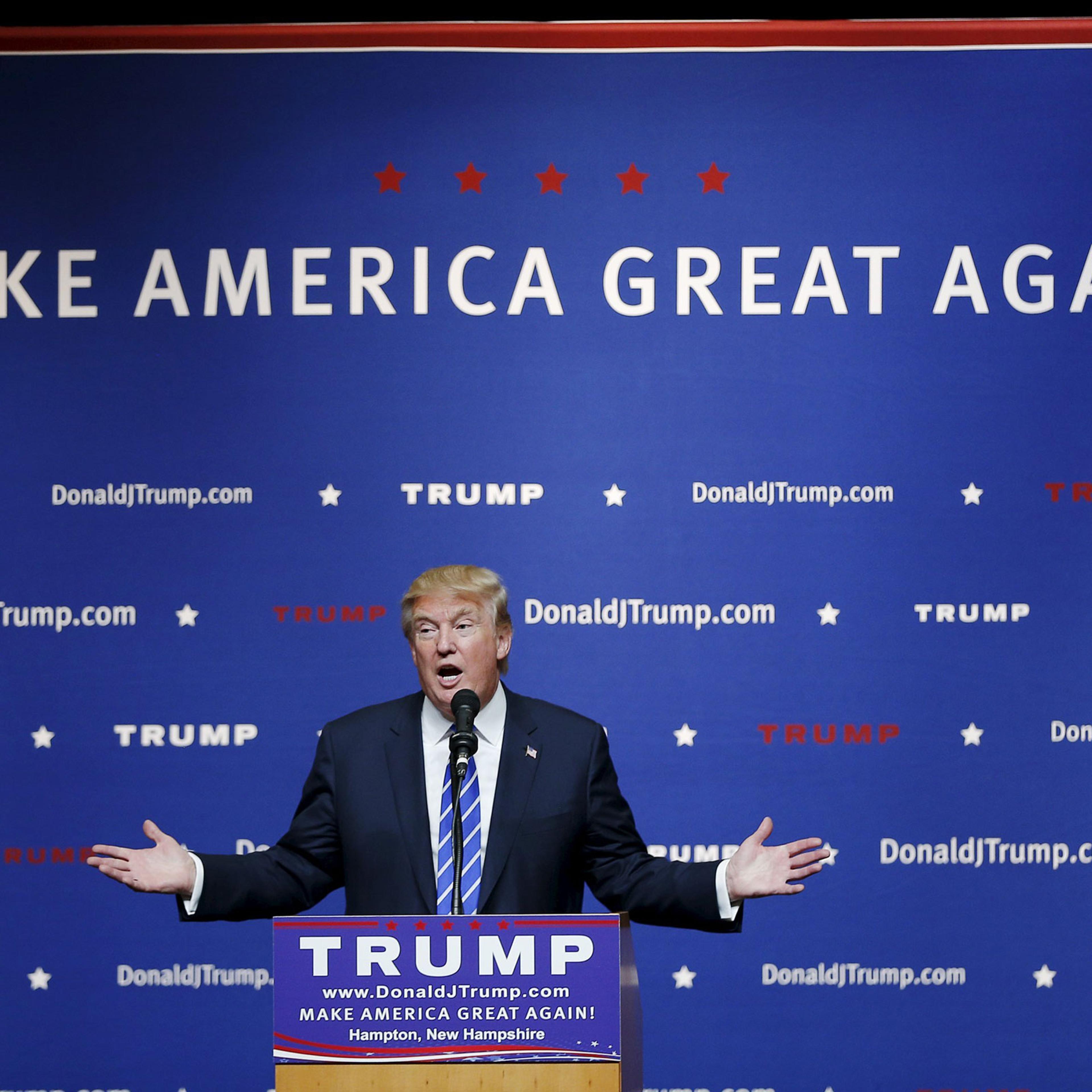 Donald Trump speaks at a campaign rally in Hampton, New Hampshire, on Aug. 14, 2015. REUTERS/Brian Snyder