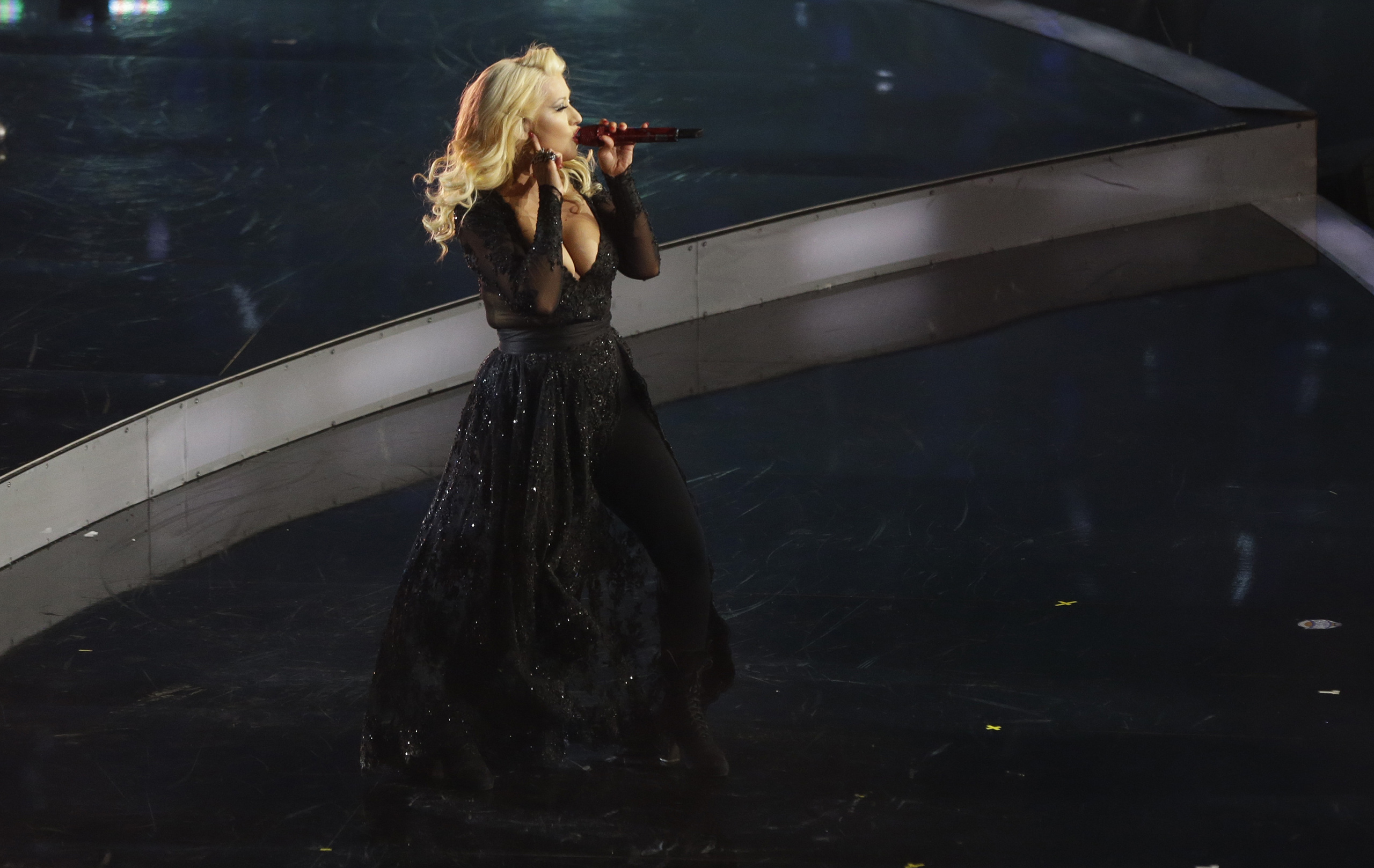 Christina Aguilera performs before the NBA All-Star basketball game in New york, Feb. 15, 2015.