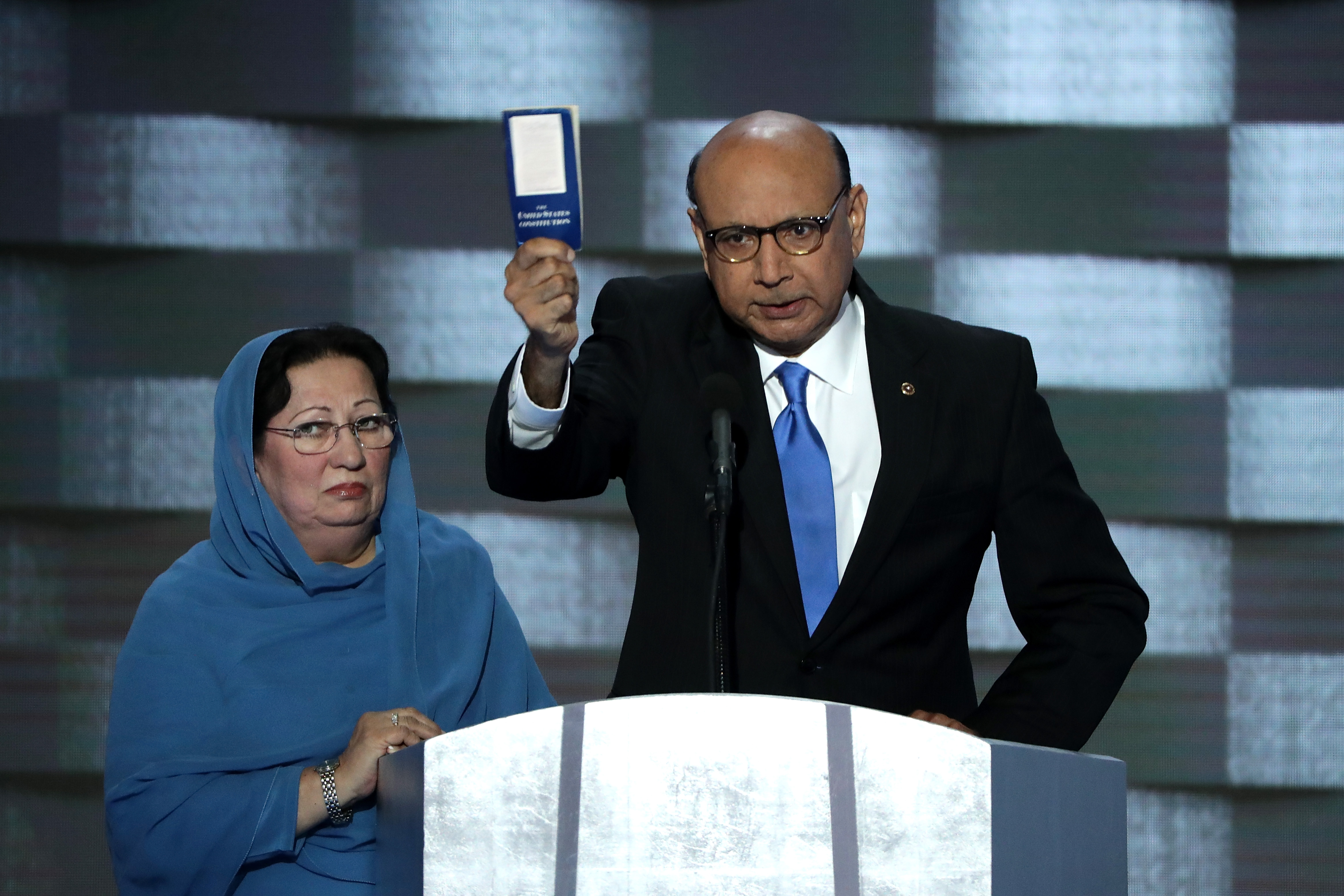 Khizr Khan, father of deceased Capt. Humayun S. M. Khan, holds up a booklet of the Constitution as he delivers remarks on the fourth day of the Democratic National Convention at the Wells Fargo Center in Philadelphia on July 28, 2016.