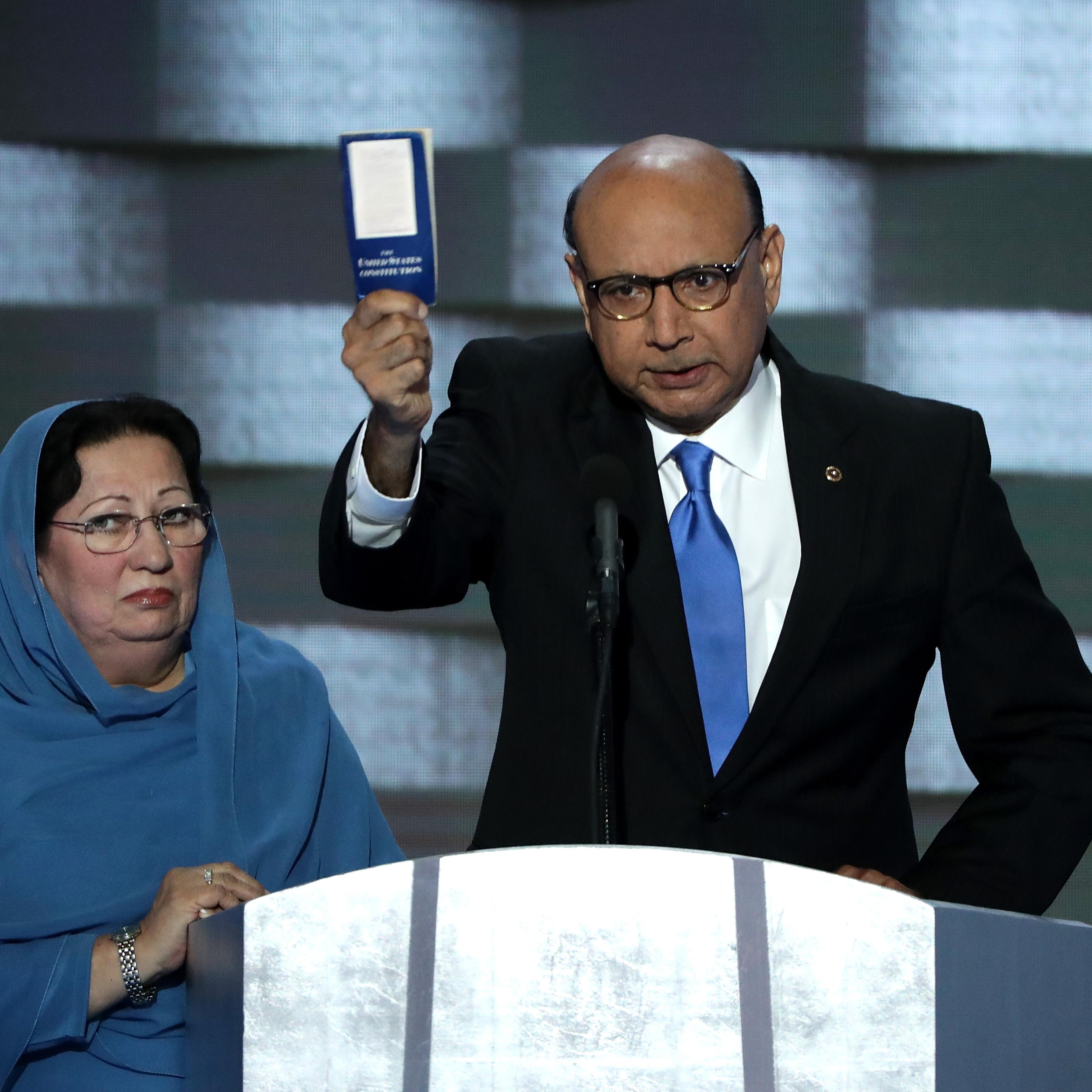 Khizr Khan, father of deceased Capt. Humayun S. M. Khan, holds up a booklet of the Constitution as he delivers remarks on the fourth day of the Democratic National Convention at the Wells Fargo Center in Philadelphia on July 28, 2016.