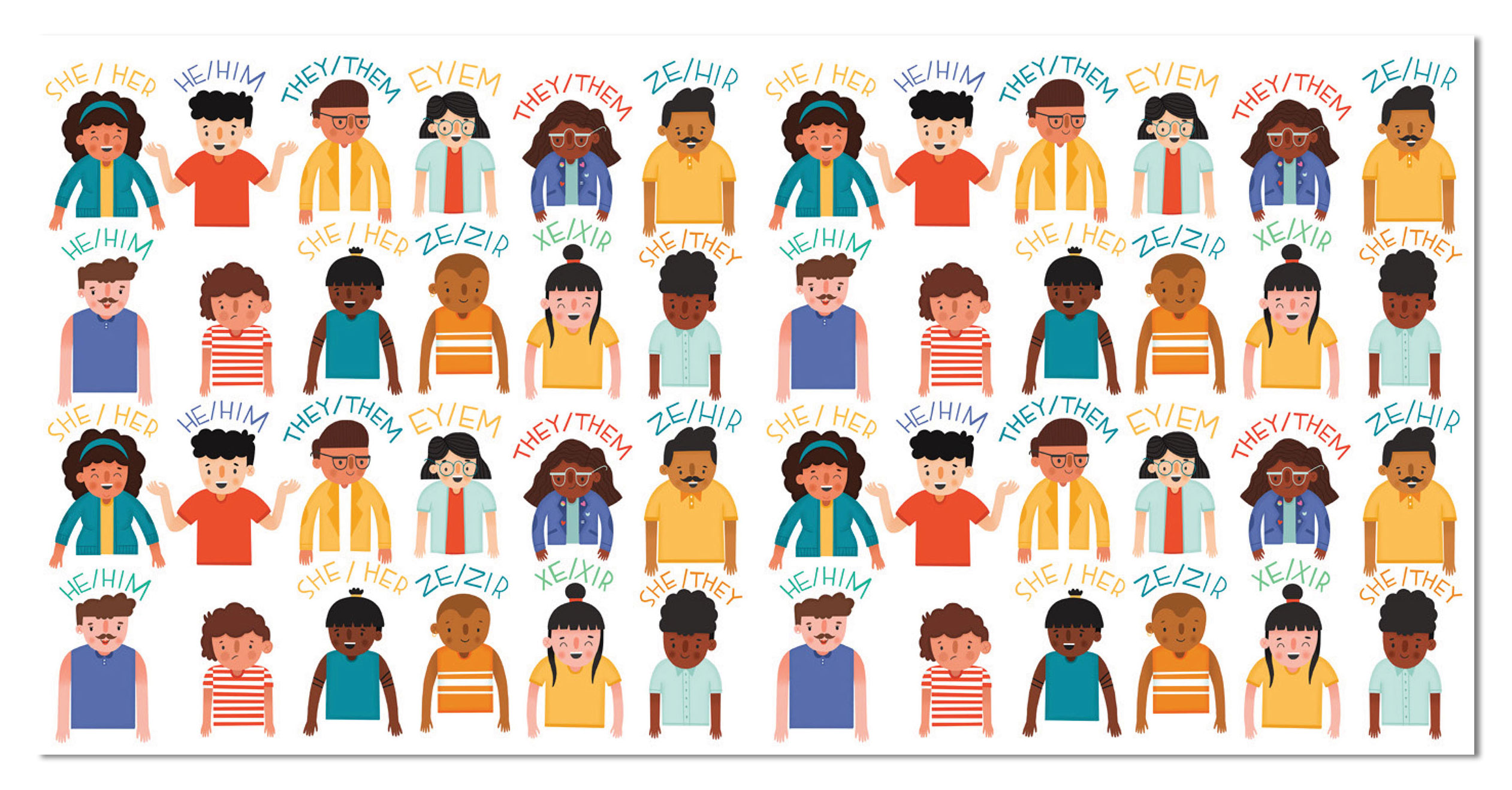 A spread from the book What Are Your Words that shows people with all different personal pronouns