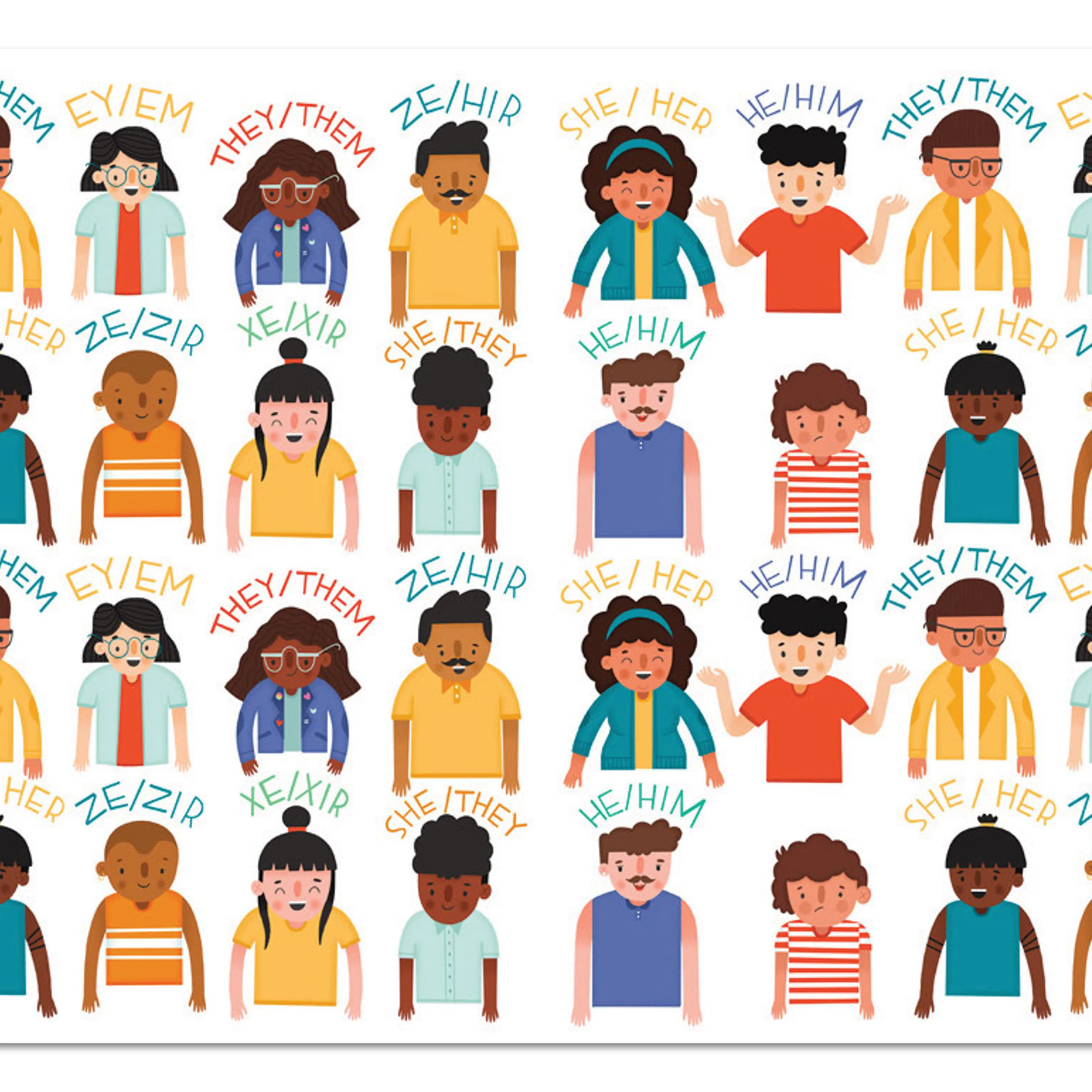 A spread from the book What Are Your Words that shows people with all different personal pronouns