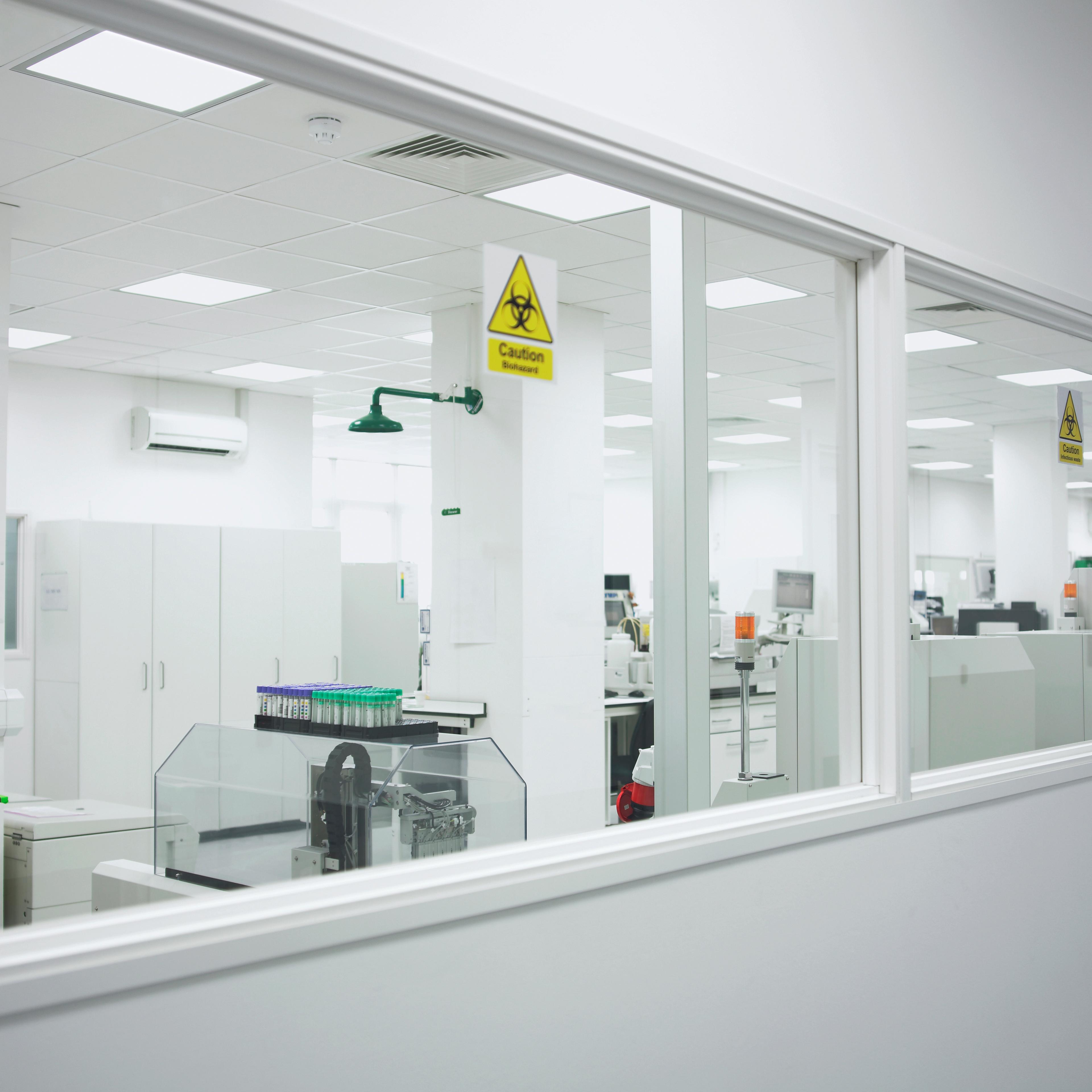 Biohazard sticker on laboratory window