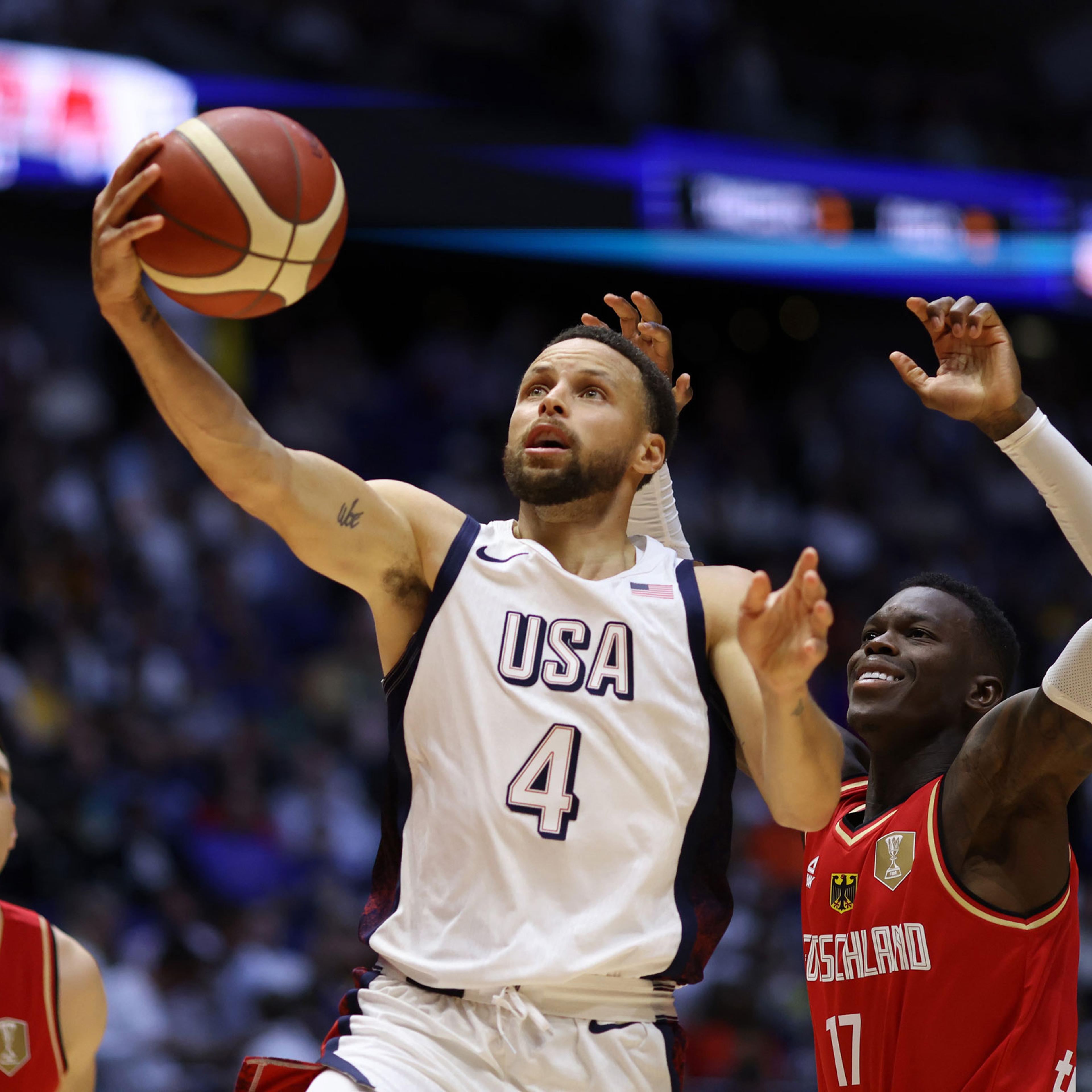 Stephen Curry during the 2024 USA Basketball Showcase match between USA and Germany at The O2 Arena in London on July 22, 2024.