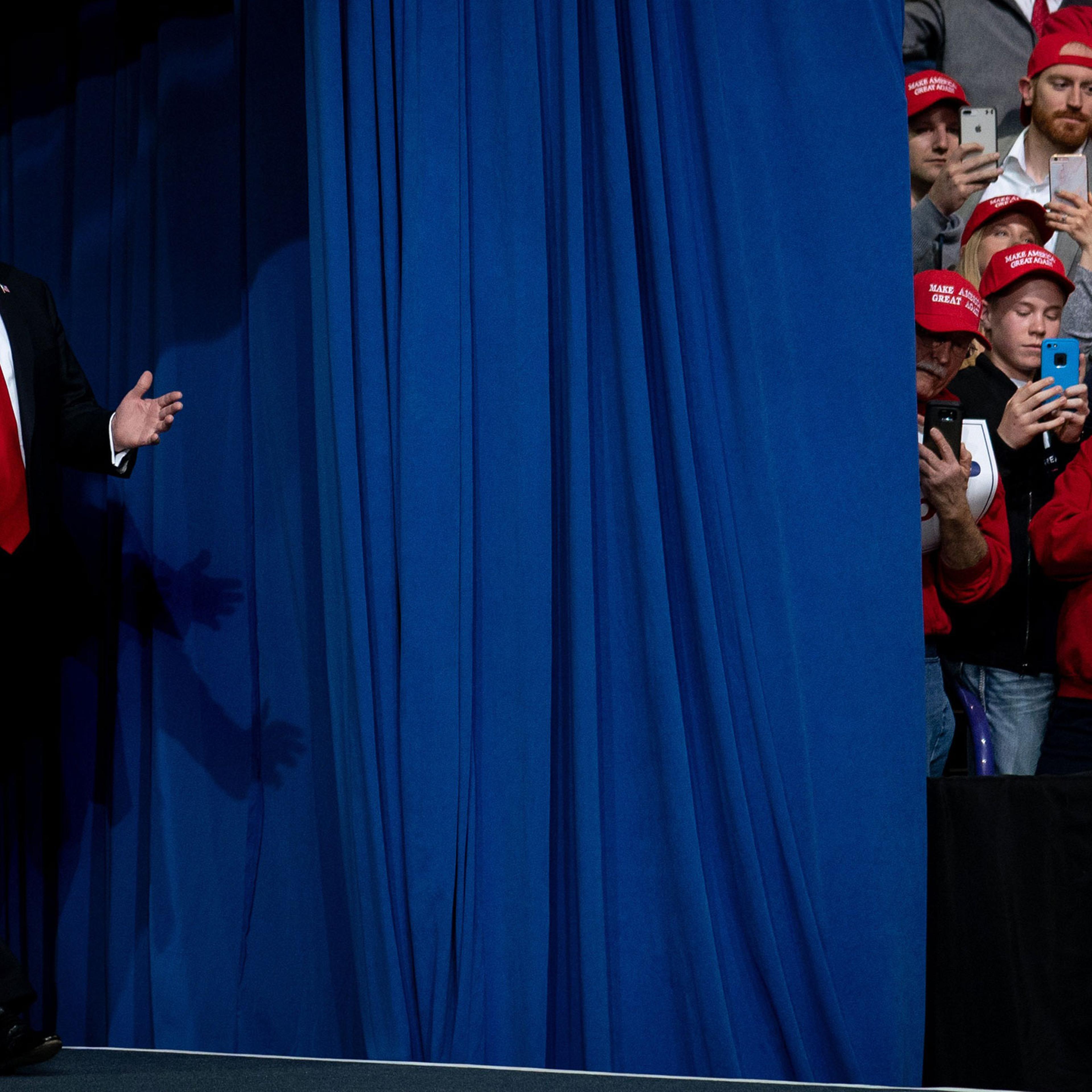 President Donald Trump arrives to speak at a rally at the Resch Center in Green Bay, Wis.