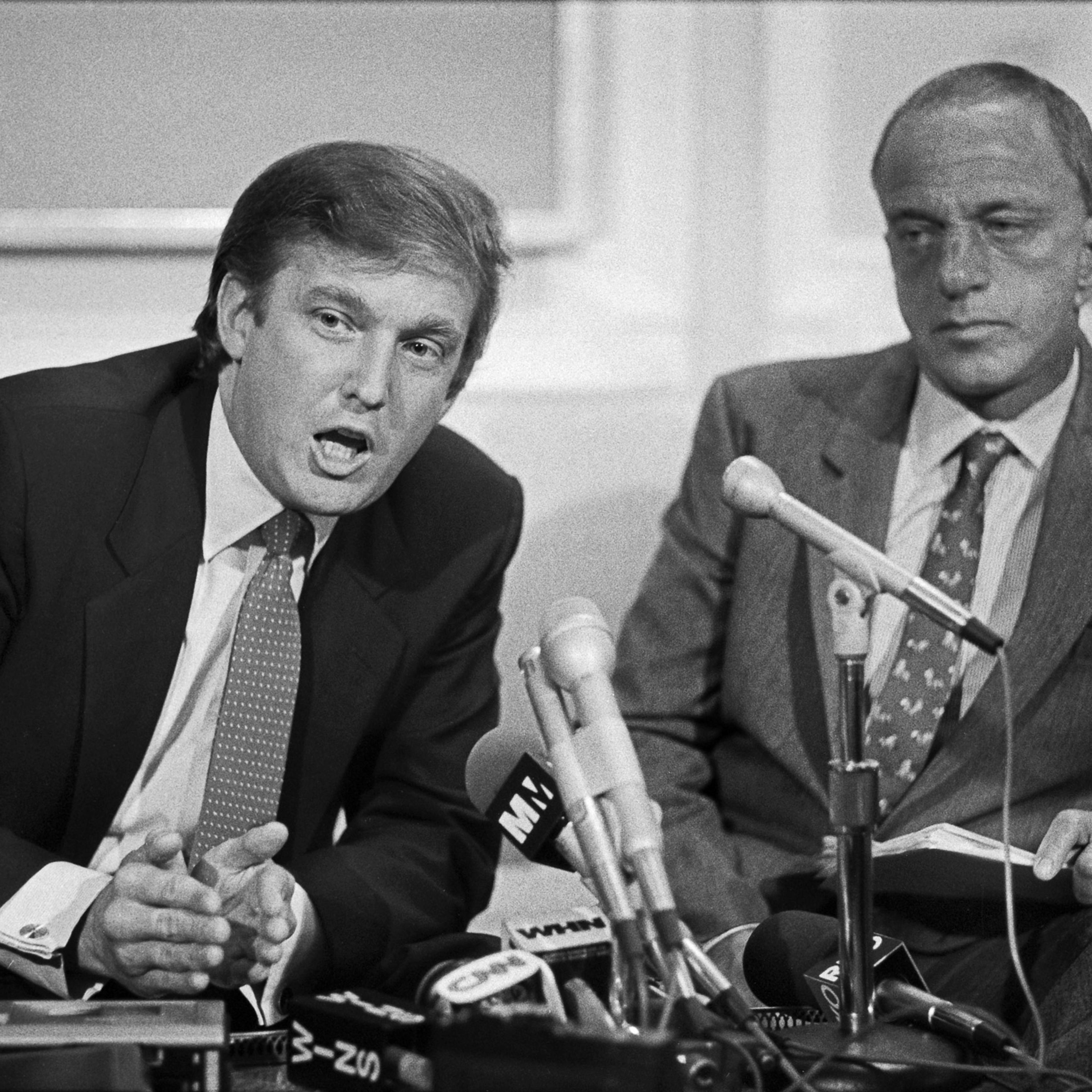 A news conference by Donald Trump and attorney Roy Cohn where they announced a billion dollar lawsuit against the National Football League, held at the offices of Saxe, Bacon and Bolan in New York on October 18, 1984.
