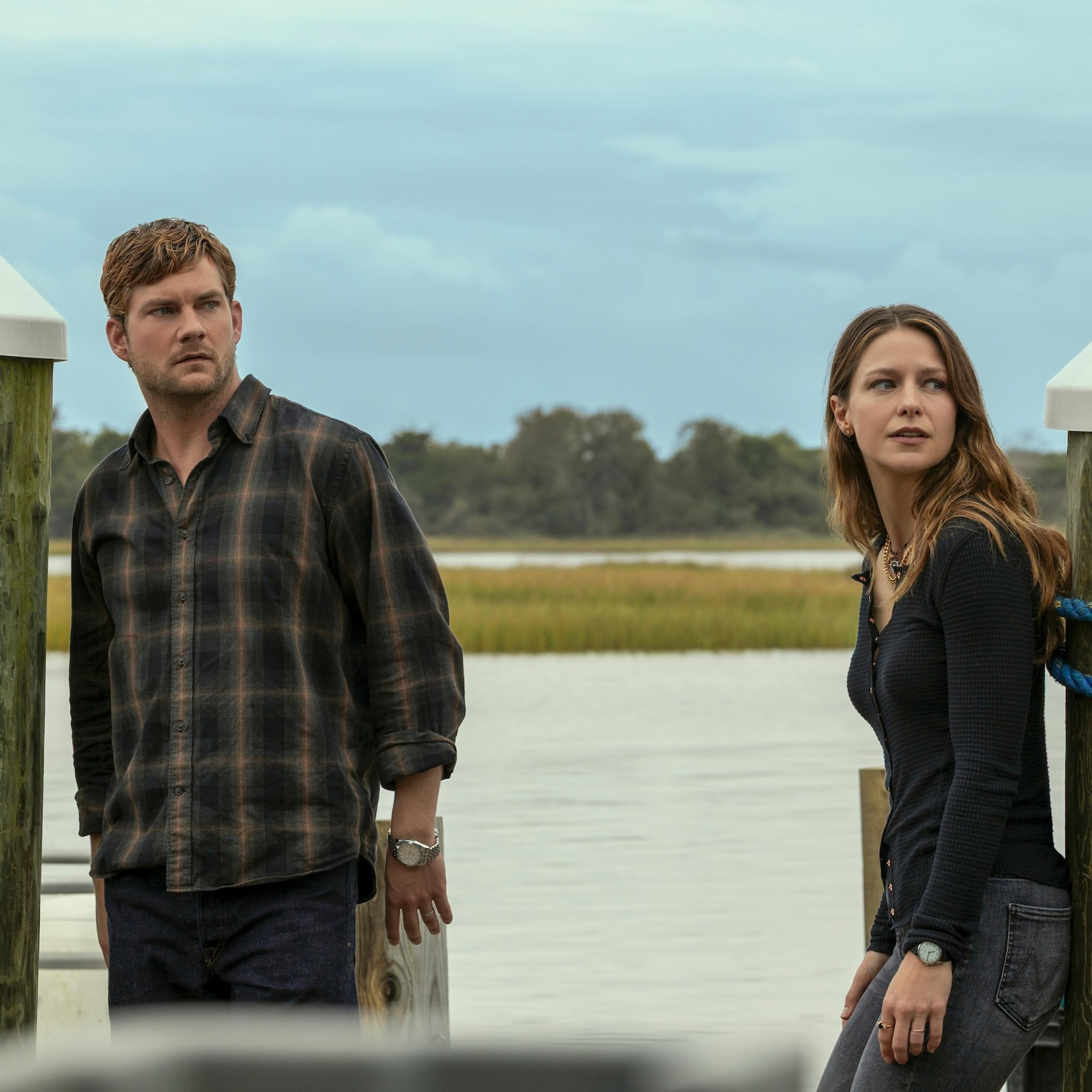 The Waterfront. (L to R) Jake Weary as Cane Buckley, Melissa Benoist as Bree Buckley in episode 105 of The Waterfront. Cr. Dana Hawley/Netflix © 2025