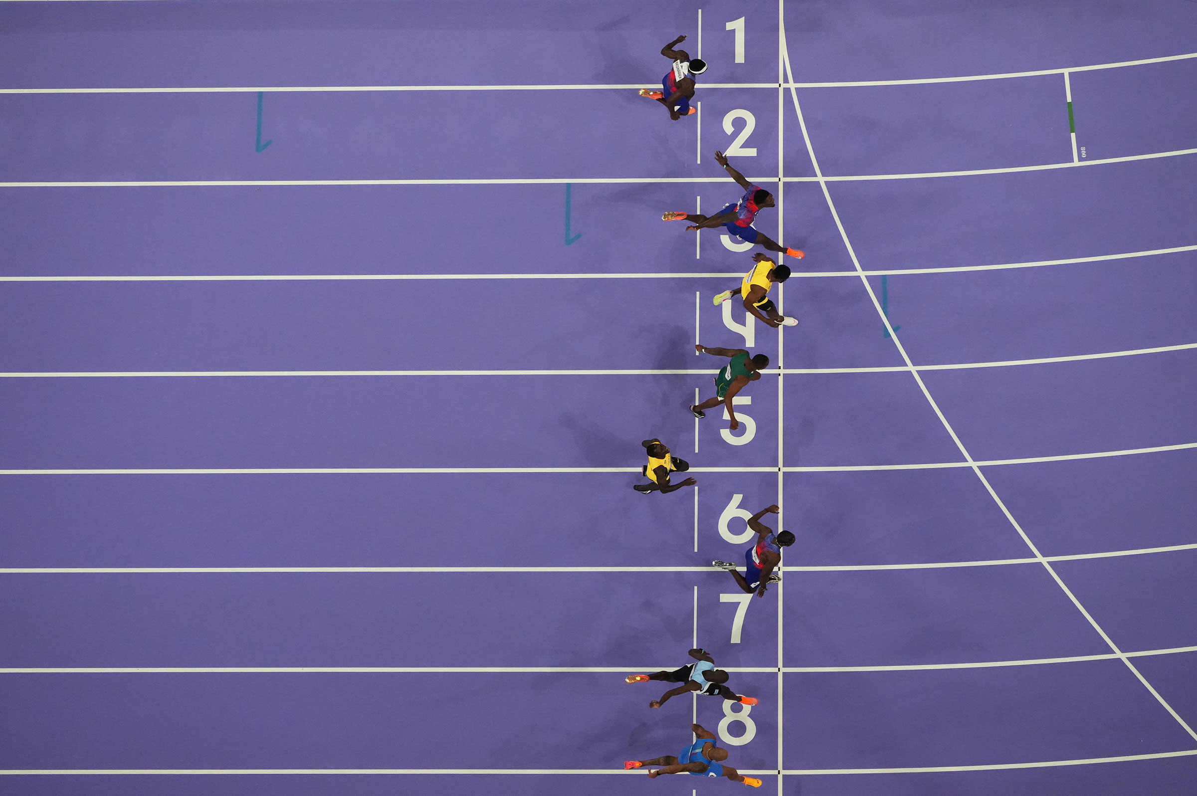 Noah Lyles defeats Kishane Thompson and Fred Kerley to win the men's 100m final during the Paris 2024 Olympic Summer Games on Aug. 4, 2024.
