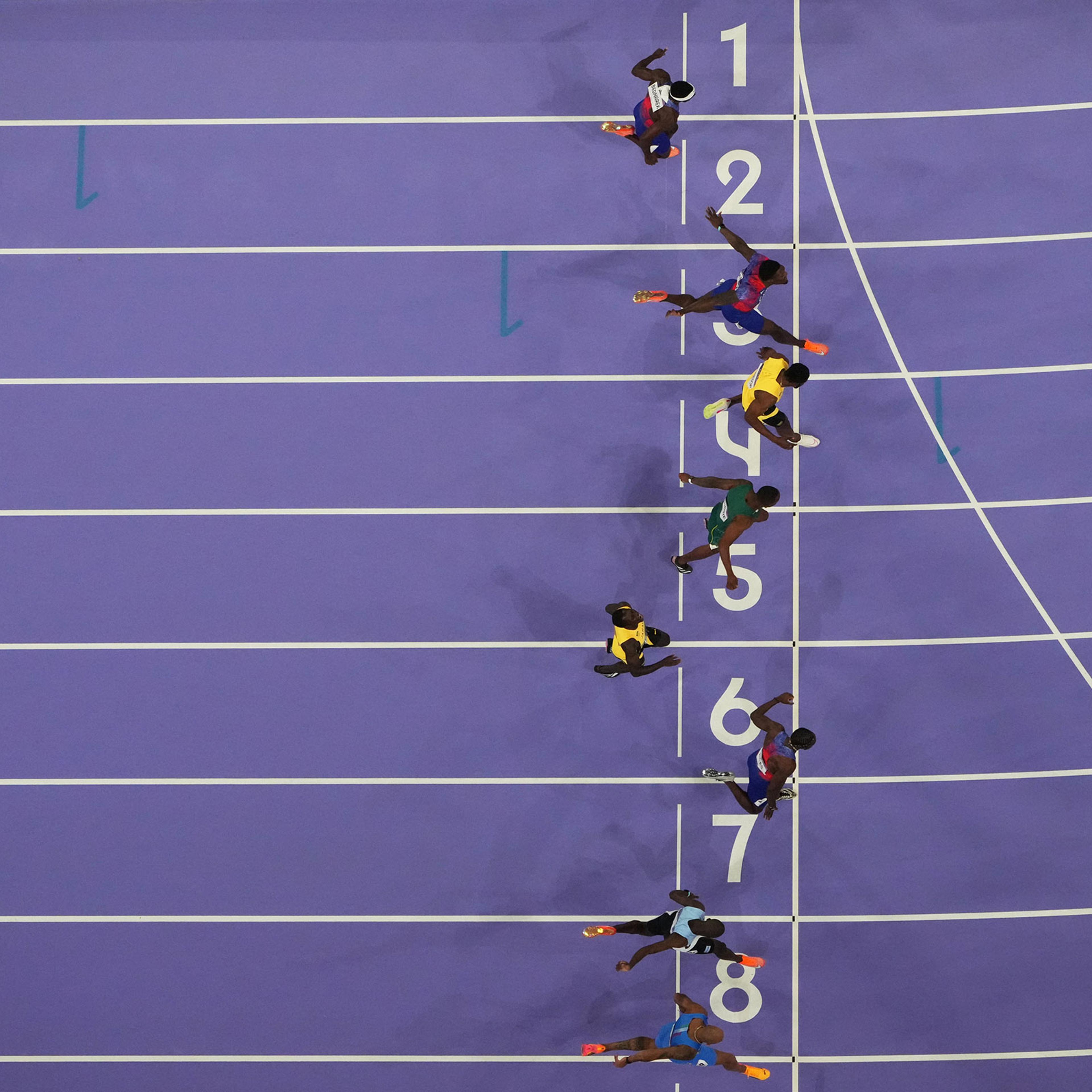 Noah Lyles defeats Kishane Thompson and Fred Kerley to win the men's 100m final during the Paris 2024 Olympic Summer Games on Aug. 4, 2024.