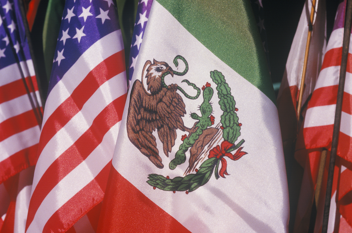 Mexican and American Flags, May 5th, Olvera Street, Los Angeles, California