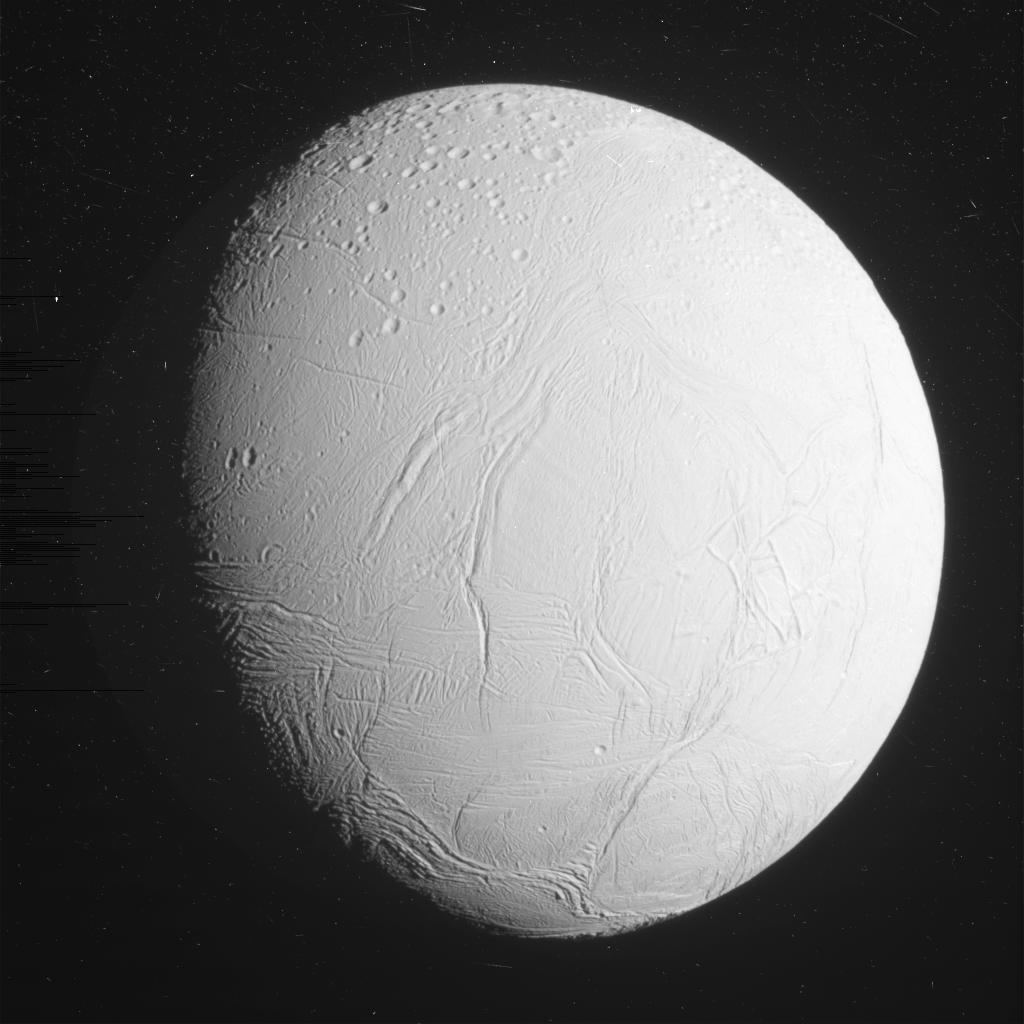 This unprocessed view of Saturn's moon Enceladus was acquired by NASA's Cassini spacecraft during a close flyby of the icy moon on Oct. 28, 2015.