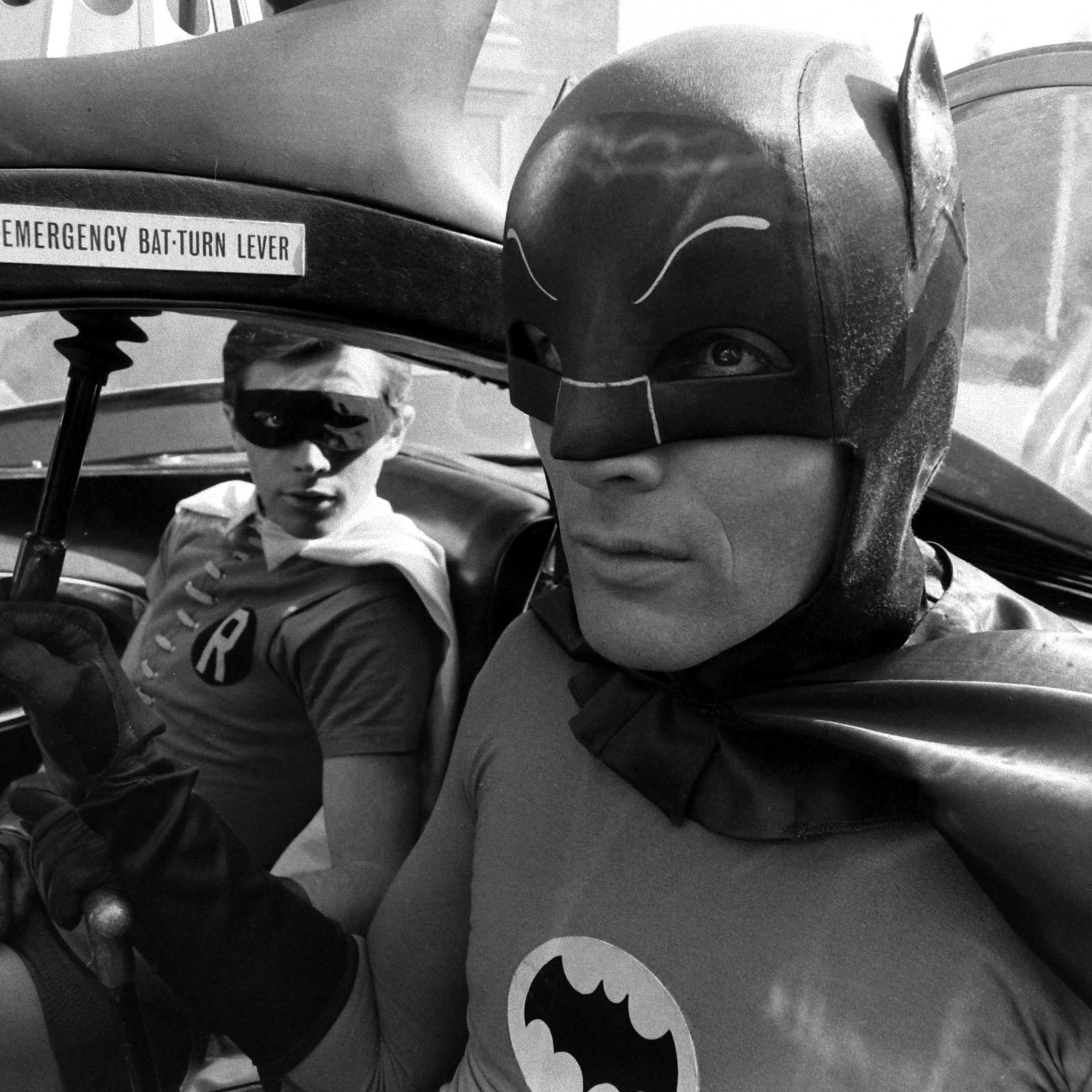Adam West (Batman) and Burt Ward (Robin) on the set of Batman, 1966.