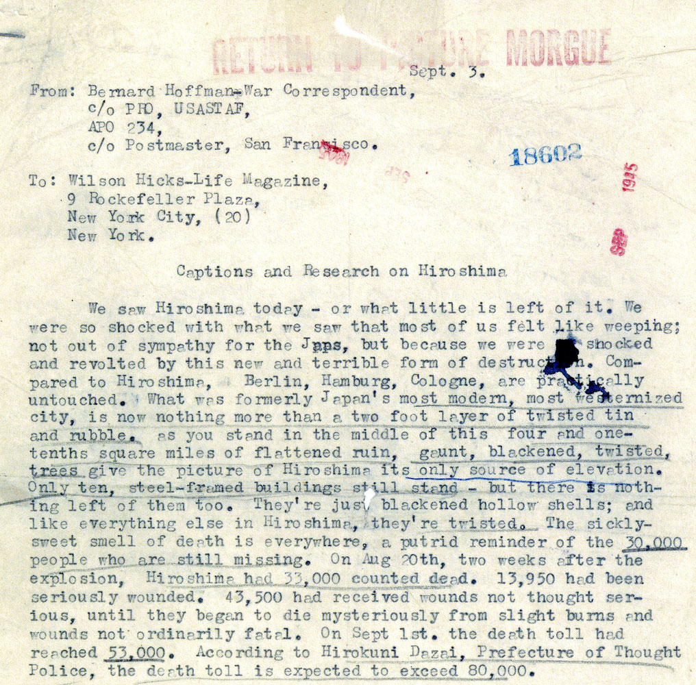 From notes by LIFE's Bernard Hoffman to the magazine's long-time picture editor, Wilson Hicks, in New York, September 1945.