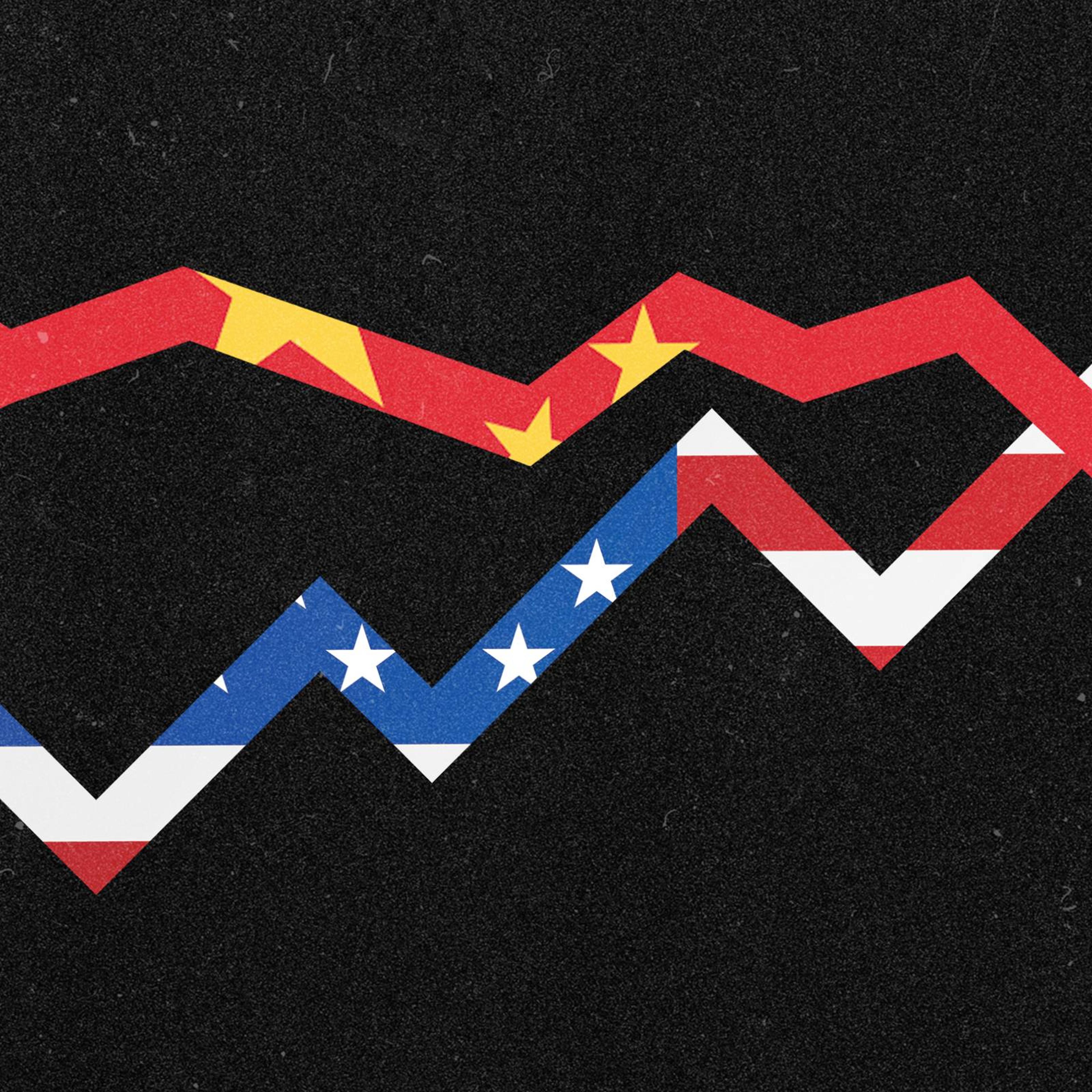 A graph arrow going down with the Chinese flag in it and a graph arrow going up with the american flag in it