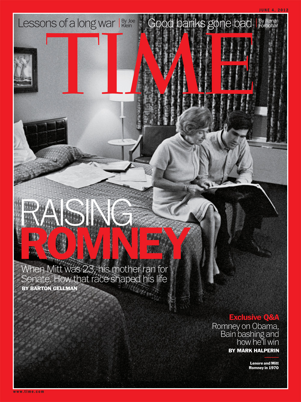 The June 4, 2012 cover of TIME Magazine. An unpublished photograph of  Lenore and Mitt Romney reviewing campaign notes in a hotel room in Michigan's Upper Peninsula while on the campaign trail, August 1970. 