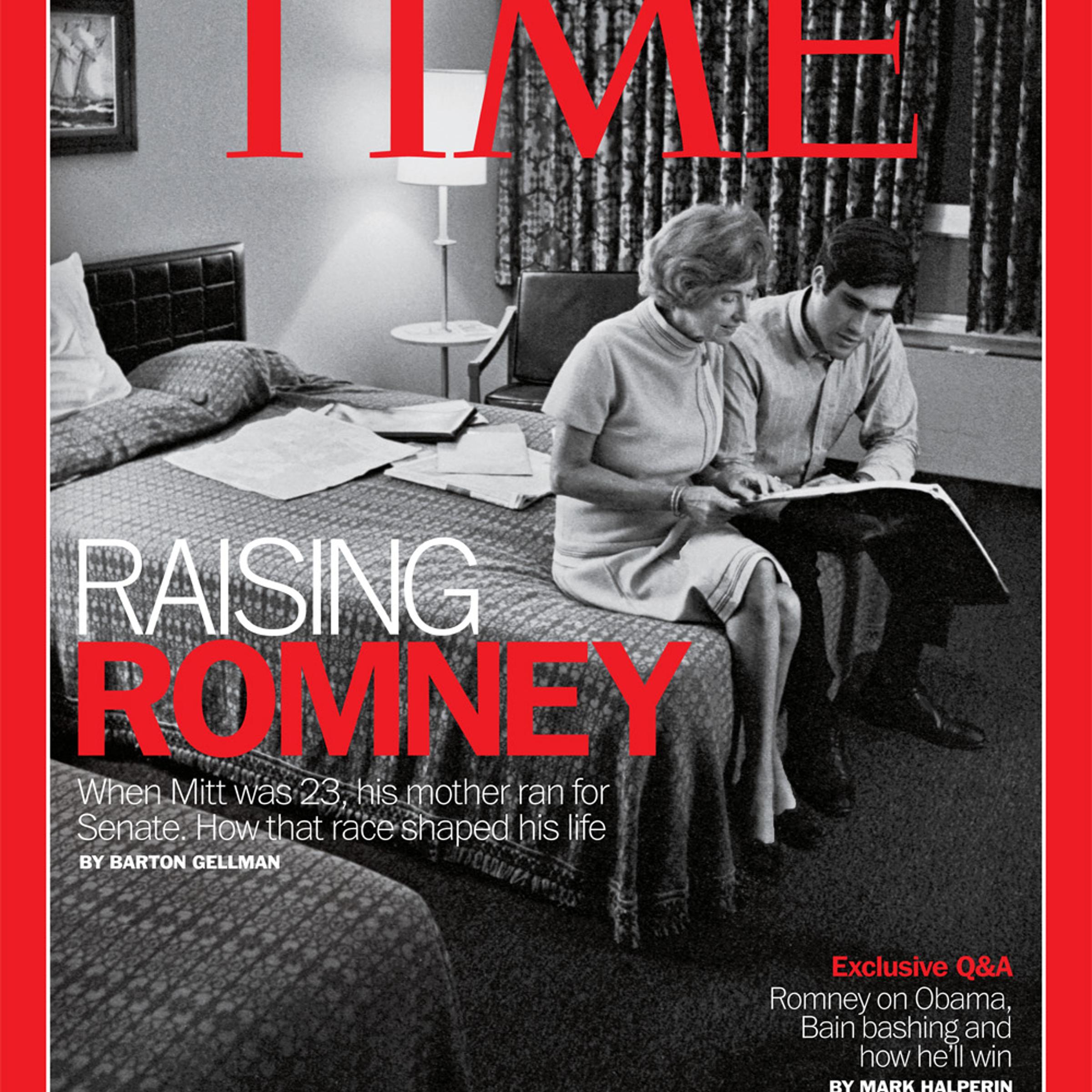 The June 4, 2012 cover of TIME Magazine. An unpublished photograph of Lenore and Mitt Romney reviewing campaign notes in a hotel room in Michigan's Upper Peninsula while on the campaign trail, August 1970.