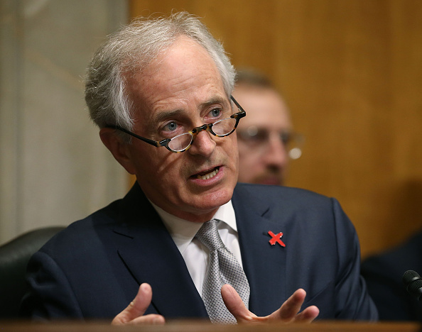 Chairman Bob Corker (R-TN) questions Secretary of State John Kerry, during a Senate Foreign Relations Committee hearing, on Capitol Hill February 23, 2016 in Washington, DC.