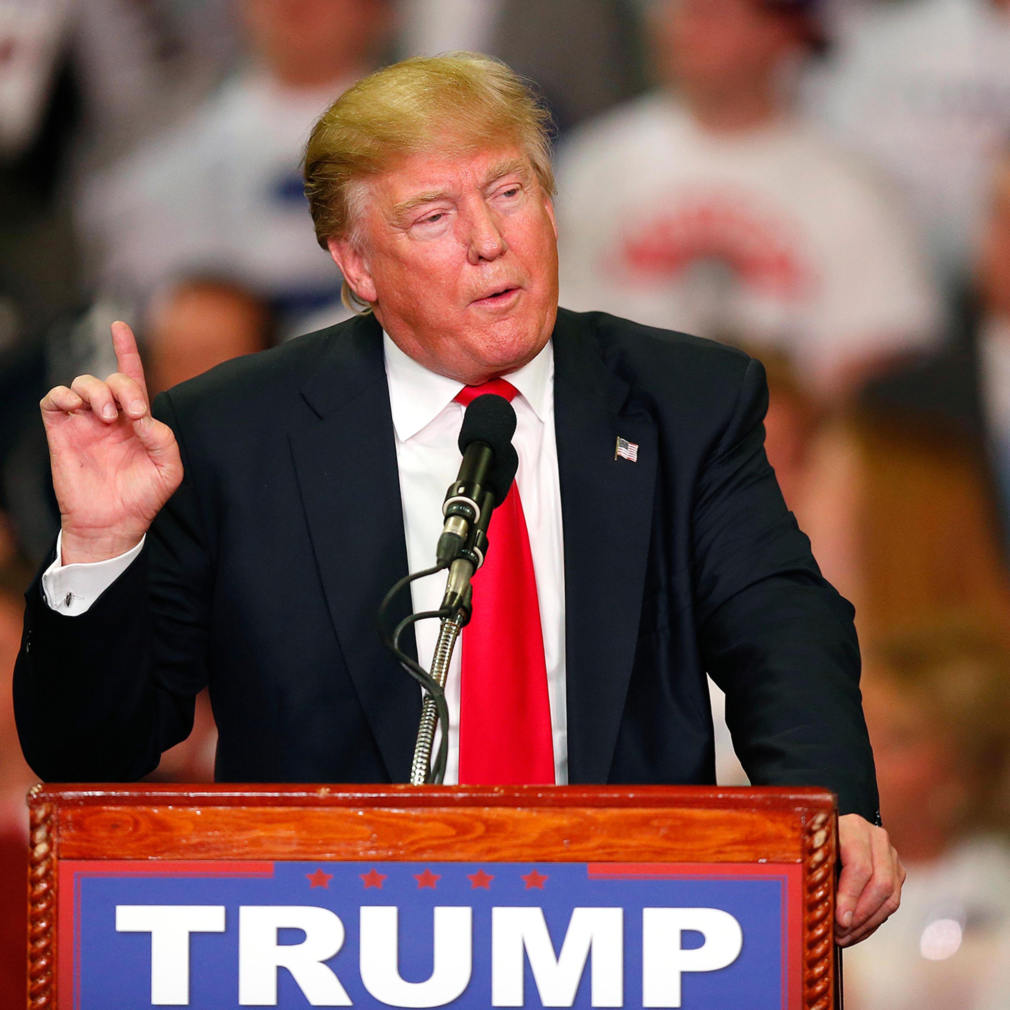 Donald Trump speaks during a campaign rally on March 7, 2016, in Madison, Miss.
