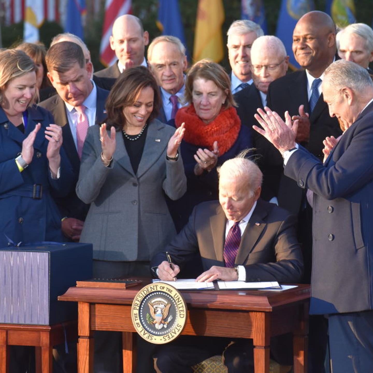 President of the United States Joe Biden signs the Bipartisan Infrastructure Deal