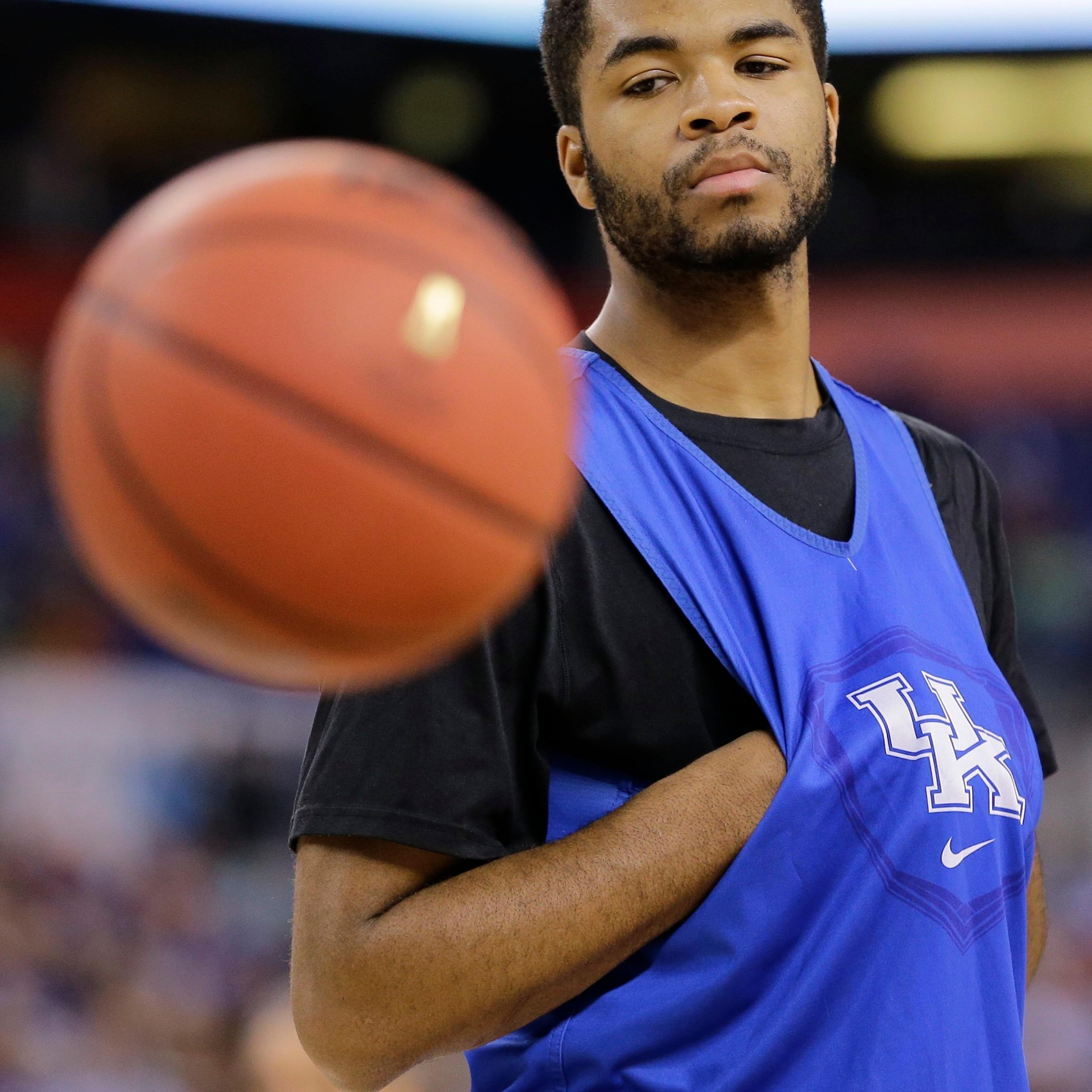 Kentucky's Andrew Harrison watches a ball during a practice session for the NCAA Final Four tournament college basketball semifinal game, in Indianapolis on April 3, 2015.