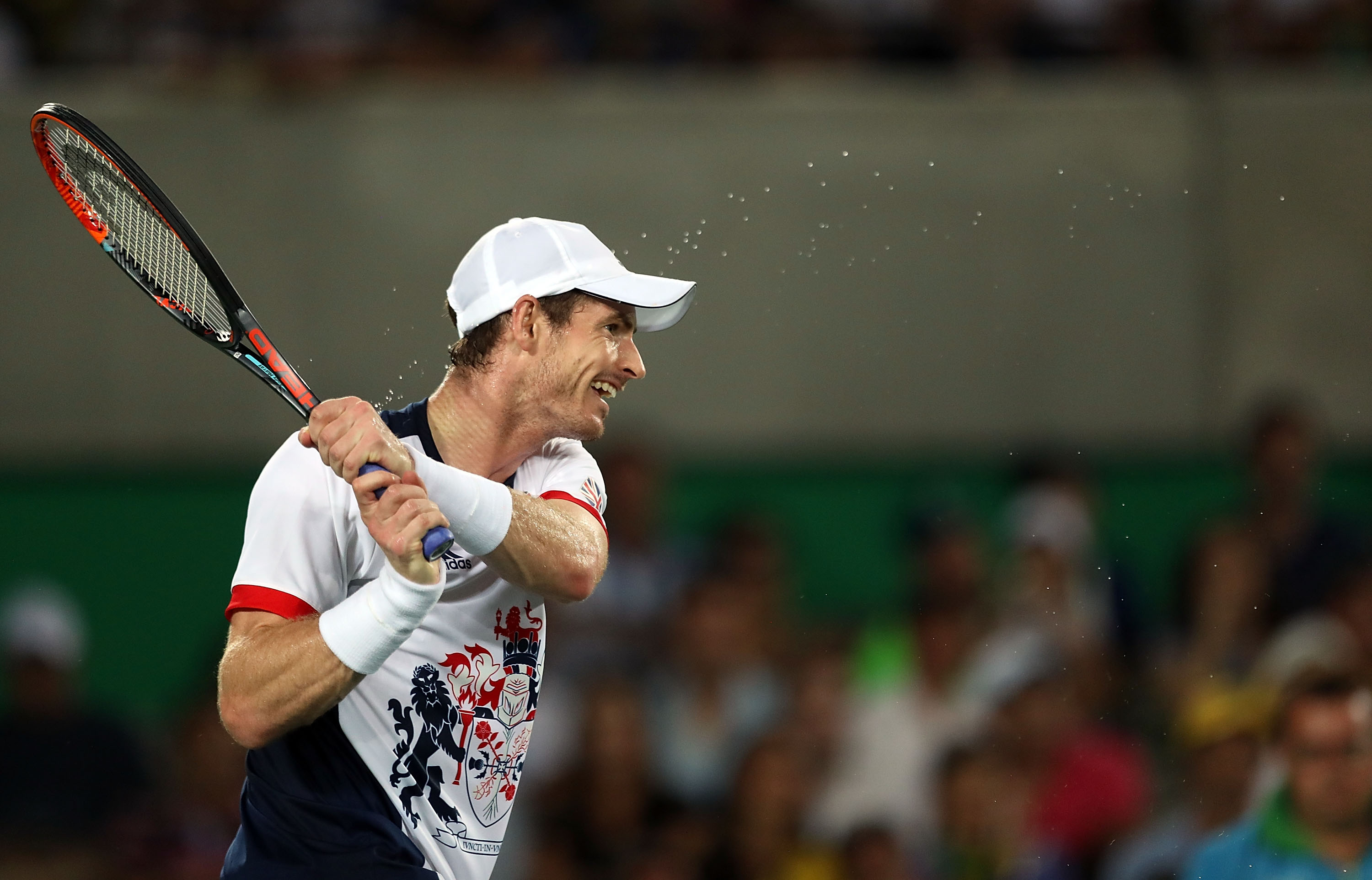 Andy Murray in action during his match with Juan Martin del Potro of Argentina in the Men's singles final at Olympic Tennis Centre on August 14, 2016 in Rio de Janeiro, Brazil.