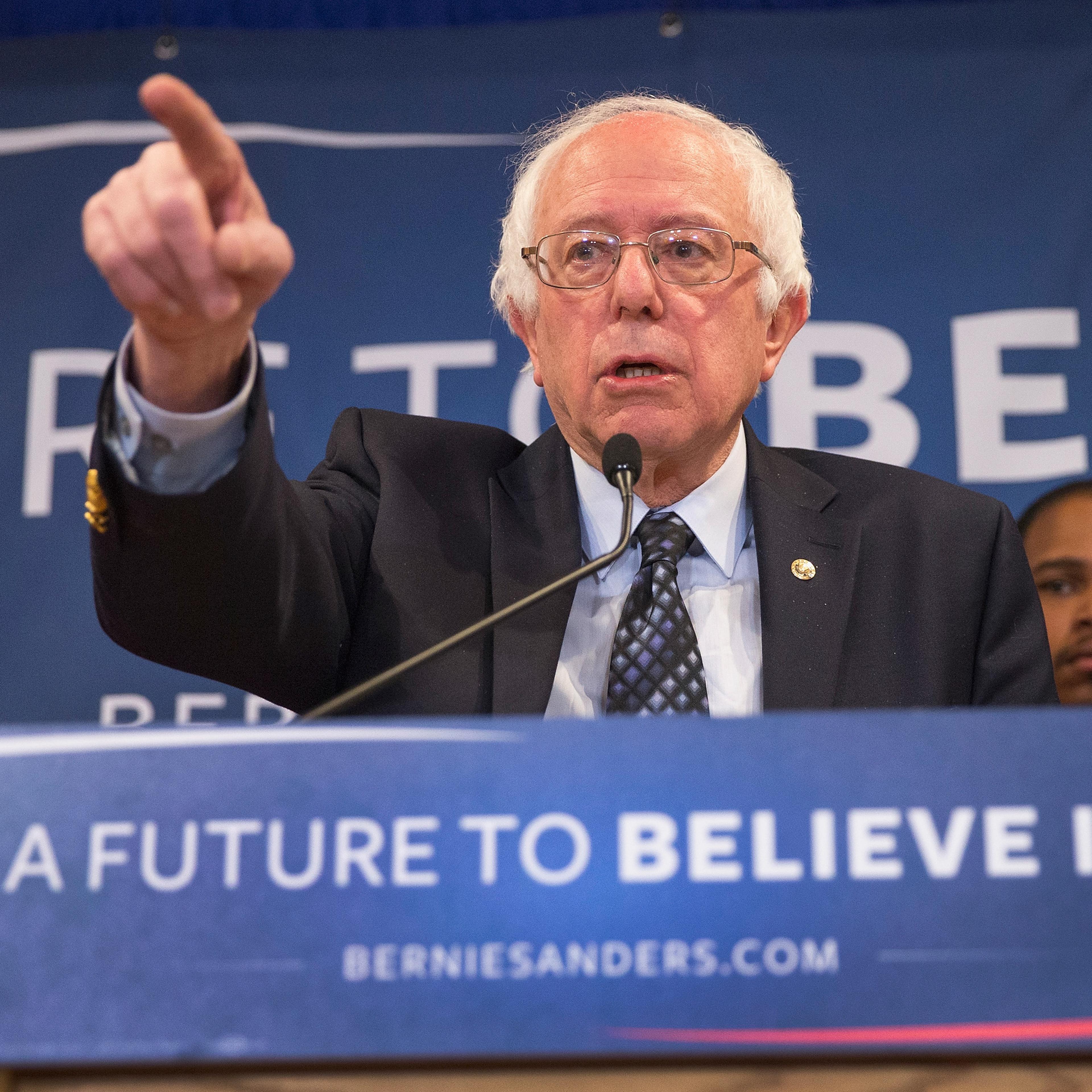 Bernie Sanders holds a press conference on March 3, 2016 in East Lansing, Mich.