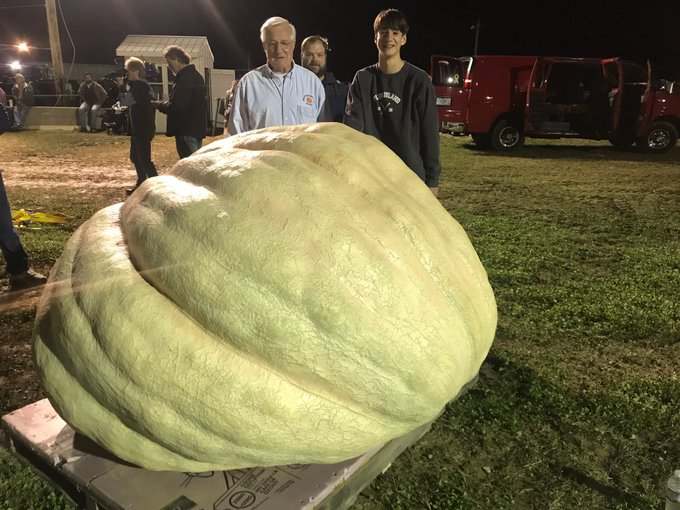 Steve Geddes shows off his record-breaking pumpkin