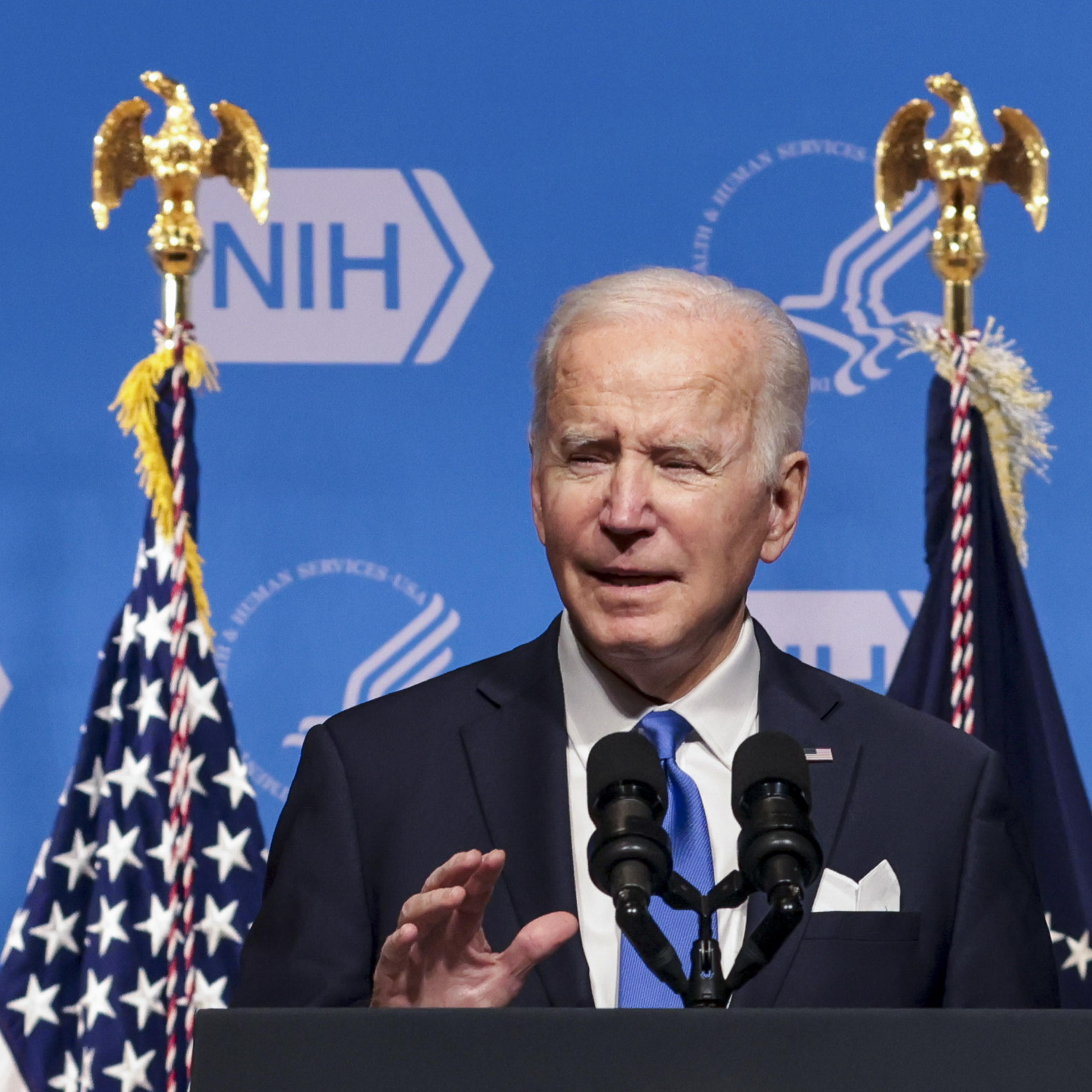 President Joe Biden speaks while visiting the National Institutes of Health (NIH) in Bethesda, Maryland, U.S., on Dec. 2, 2021.