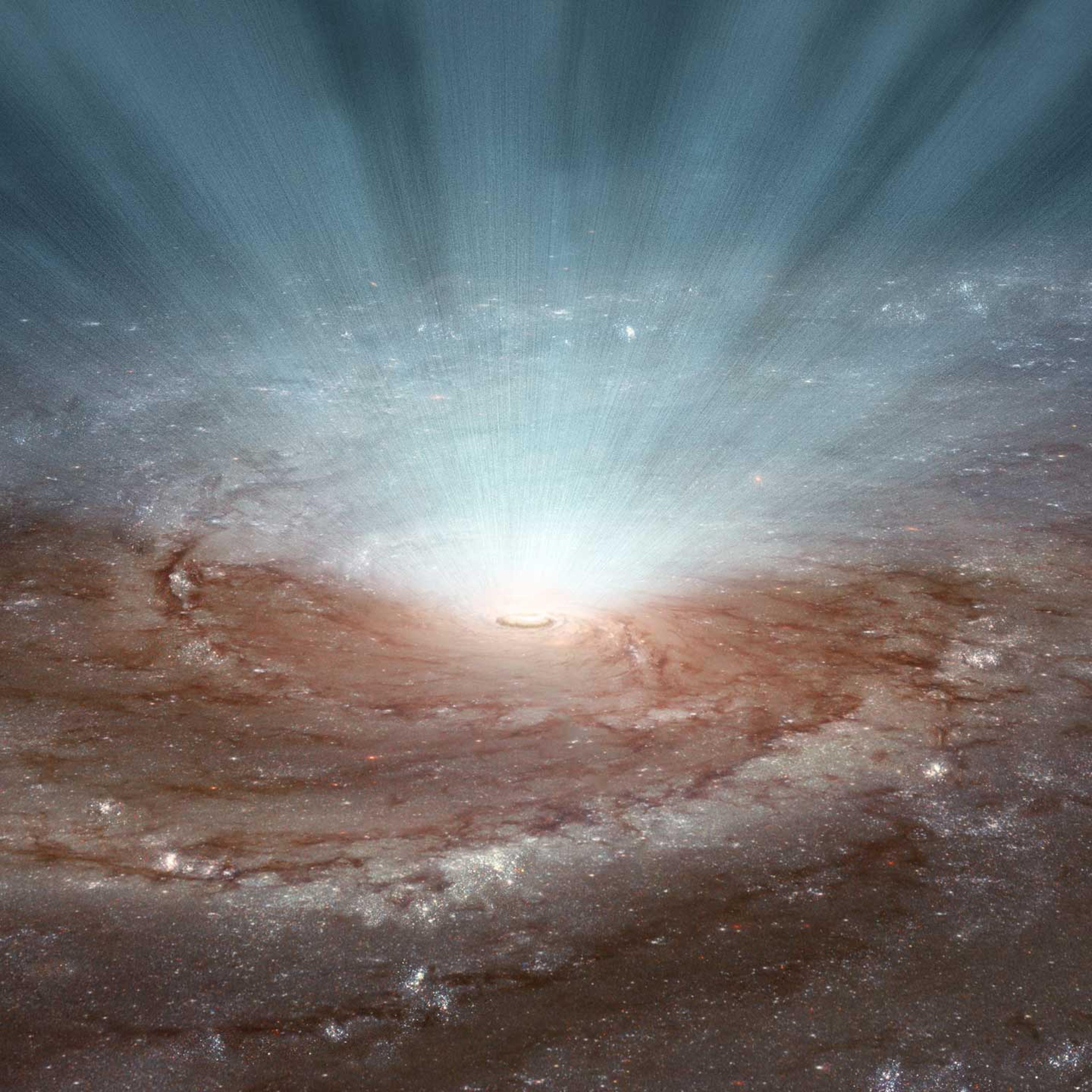 Supermassive black holes at the cores of galaxies blast out radiation and ultra-fast winds, as illustrated in this artist's conception.