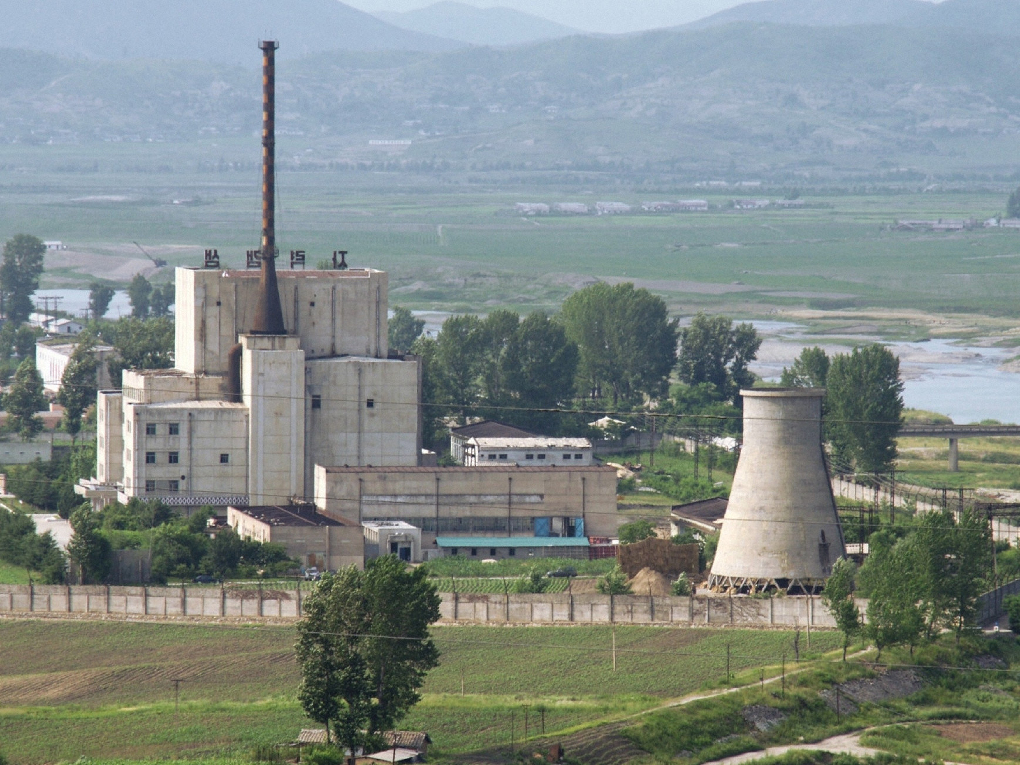 A North Korean nuclear plant is seen before demolishing a cooling tower in Yongbyon