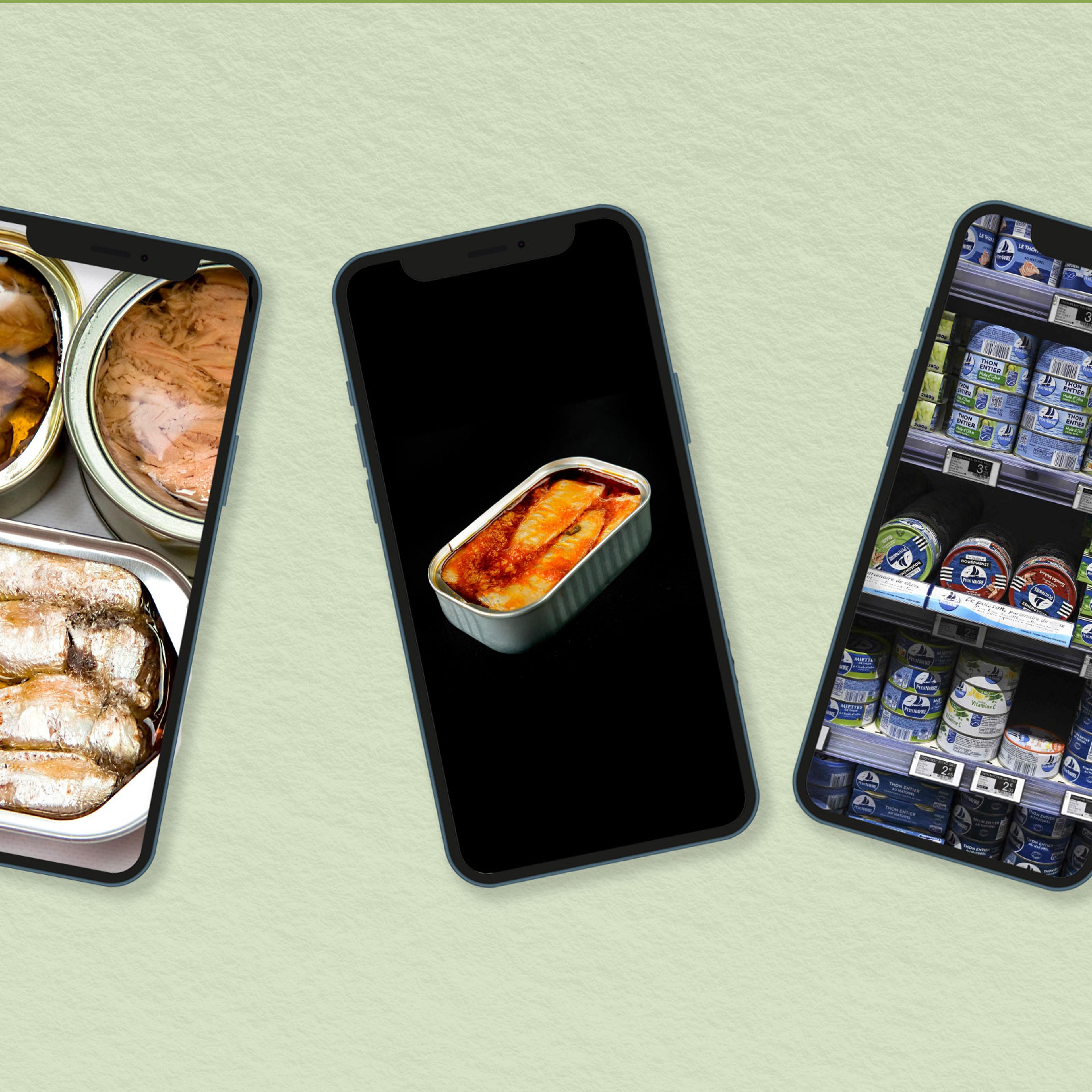 Three phones with photos of tinned fish on them
