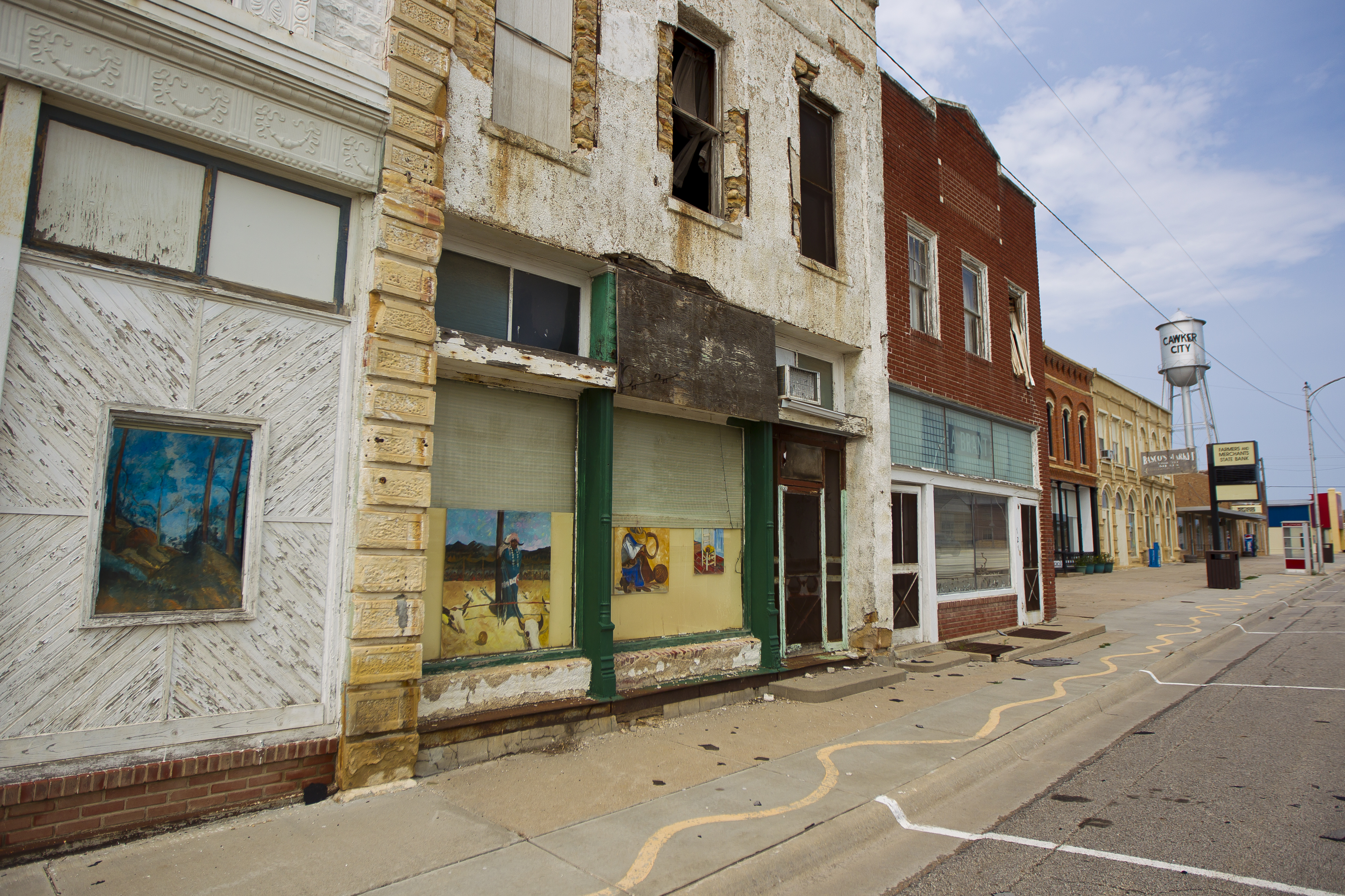 Empty buildings and streets in downtown Cawker City, Kansas.