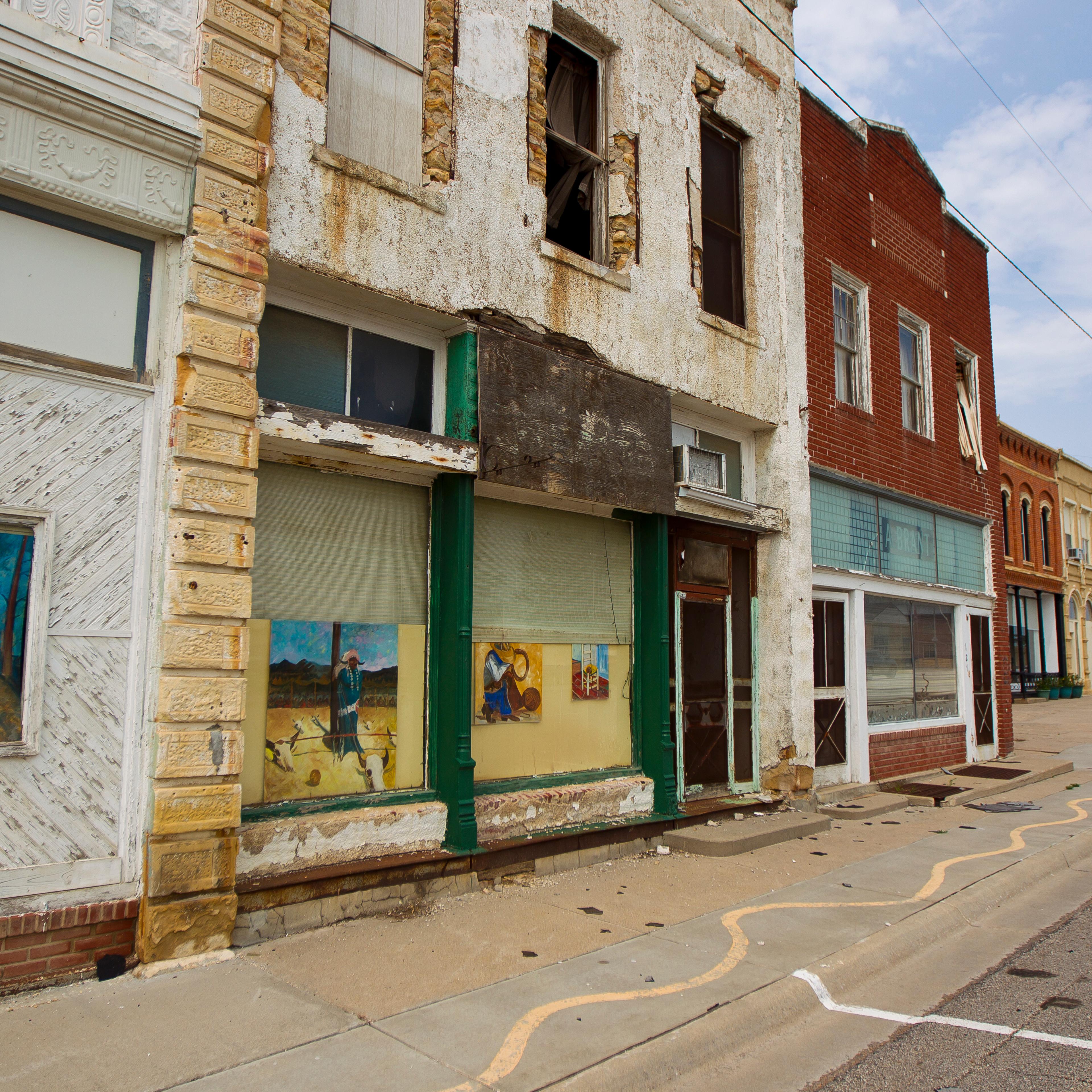 Empty buildings and streets in downtown Cawker City, Kansas.