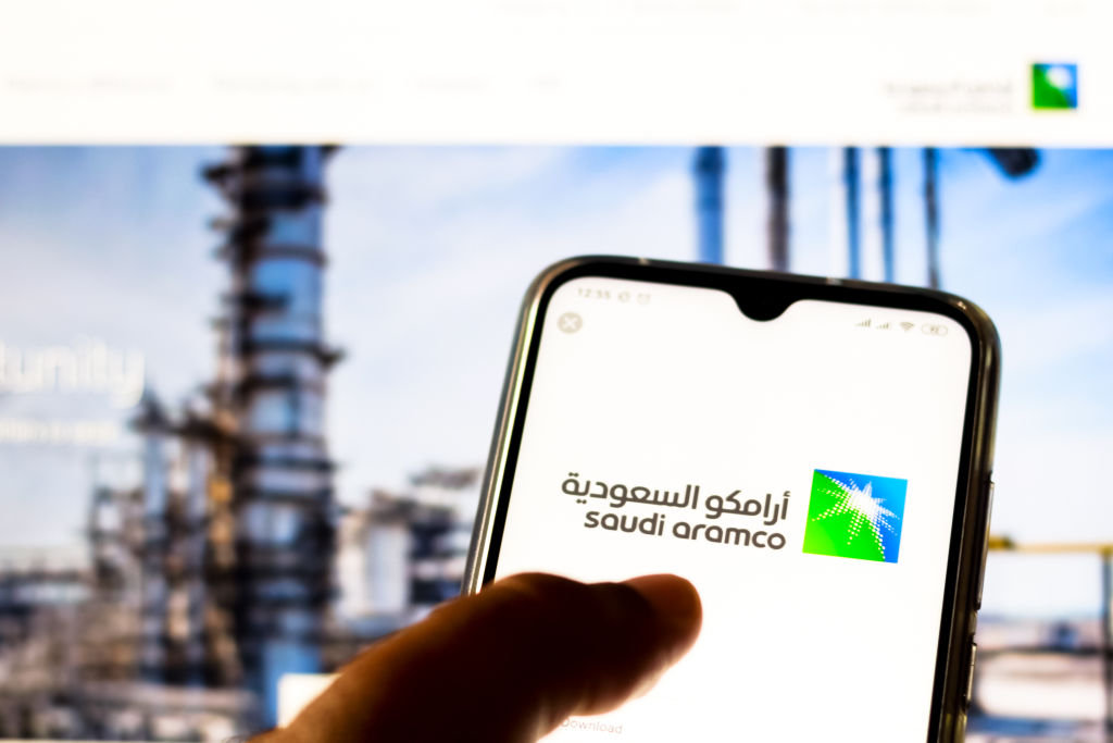 In this photo illustration the Saudi Arabian Oil Company (Saudi Aramco) logo is seen displayed on a smartphone on November 30, 2019.