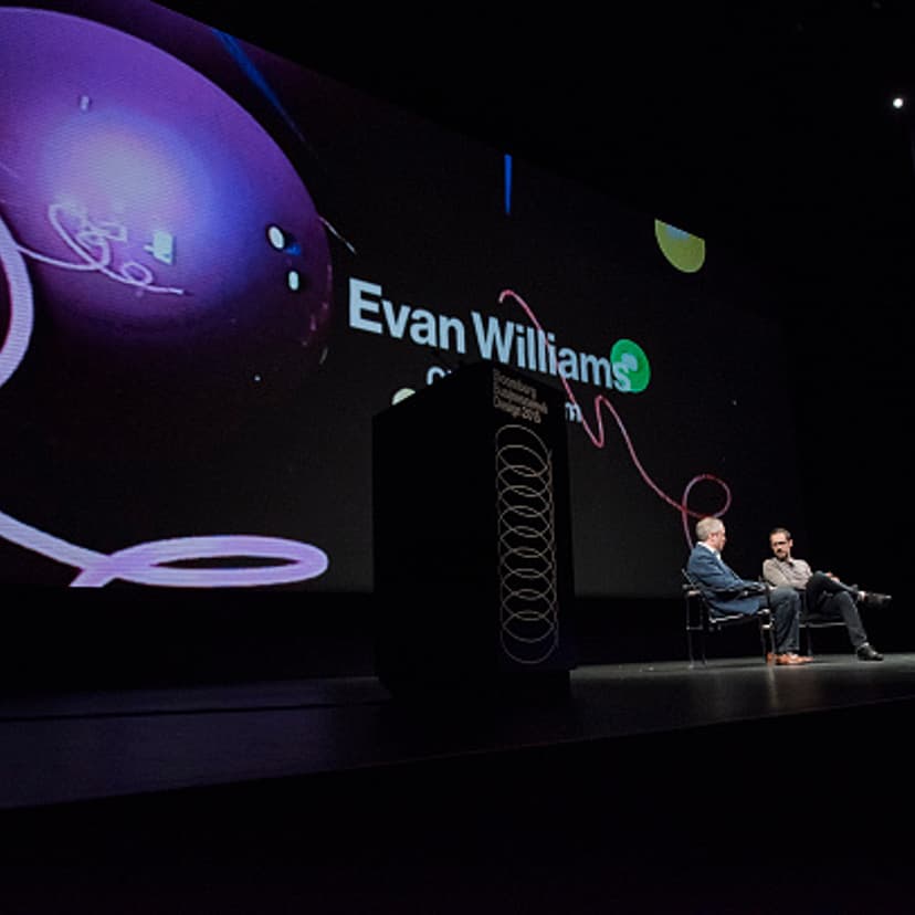 Evan Williams, co-founder of Twitter Inc., and co-founder and chief executive officer of Medium.com, speaks as Brad Stone, senior writer for Bloomberg Businessweekat the Bloomberg Businessweek Design 2015 Conference in San Francisco on April 28, 2015.