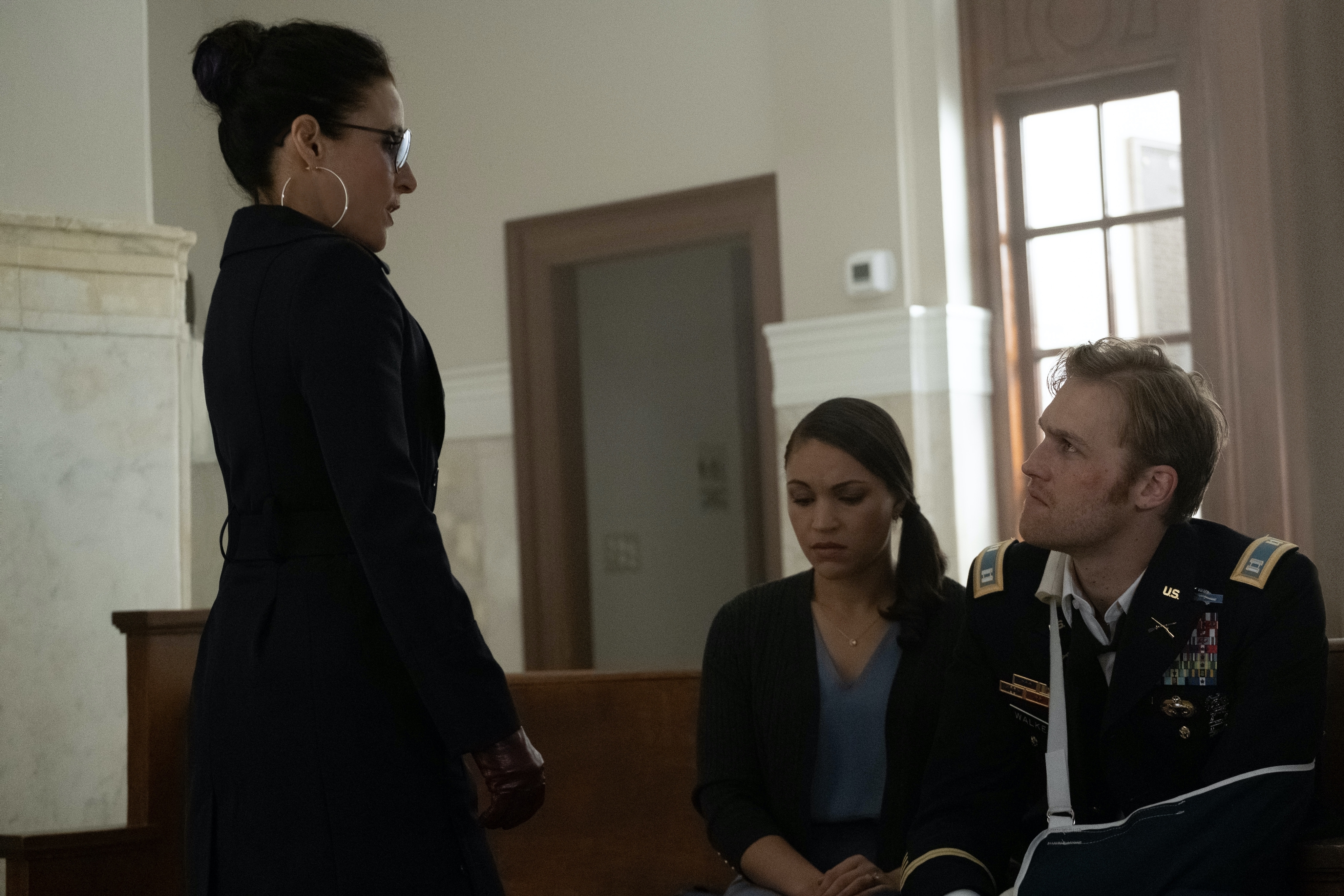 (L-R) Julia Louis Dreyfus, Gabrielle Byndloss and Wyatt Russell in <i>Falcon and the Winter Soldier</i>