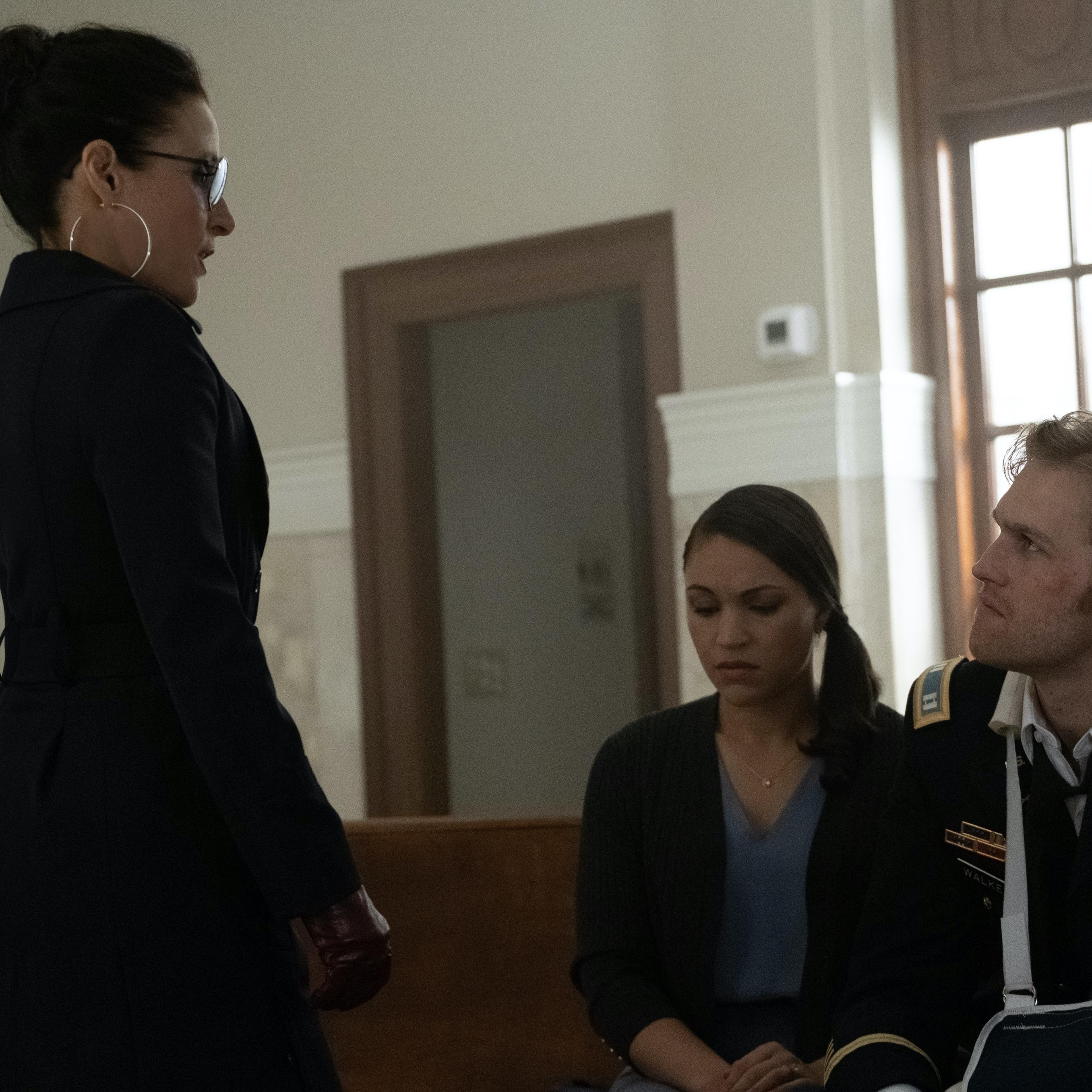 (L-R) Julia Louis Dreyfus, Gabrielle Byndloss and Wyatt Russell in <i>Falcon and the Winter Soldier</i>