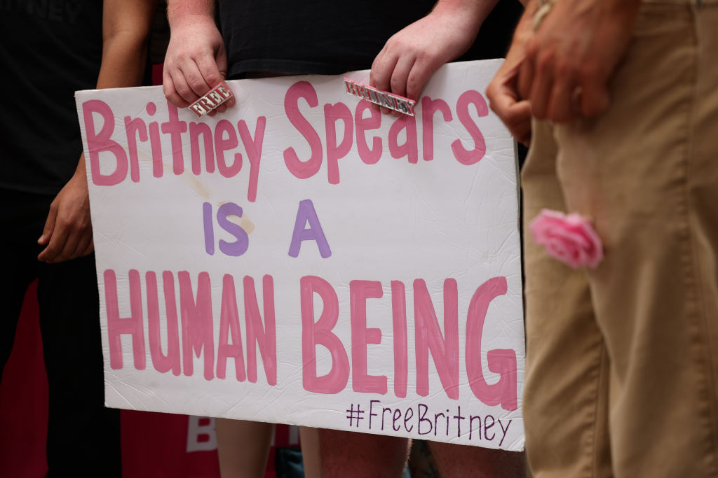 #FreeBritney activists protest at Los Angeles Grand Park during a conservatorship hearing for Britney Spears on June 23, 2021 in Los Angeles, California.