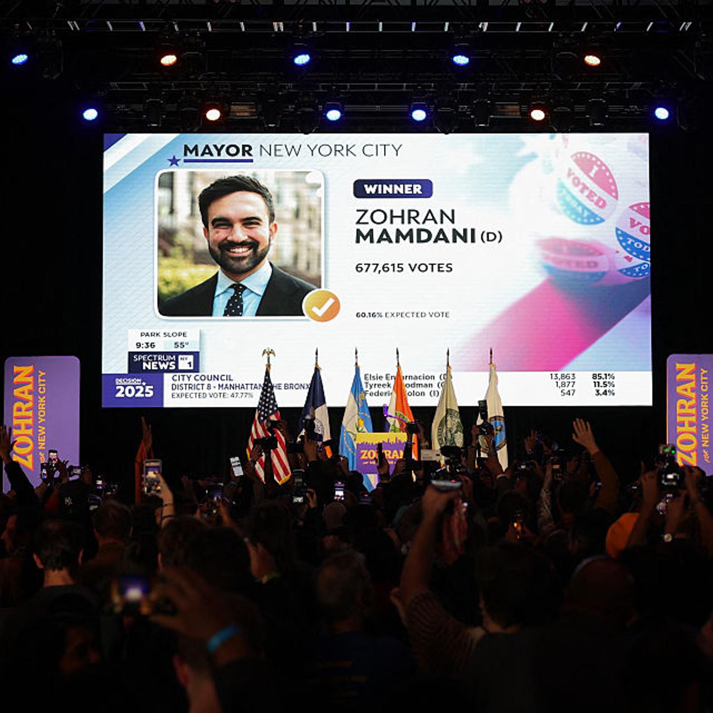 A screen shows New York City mayoral candidate Zohran Mamdani declared the winner during his election night event at the Brooklyn Paramount theater in Brooklyn, New York, on November 4, 2025.