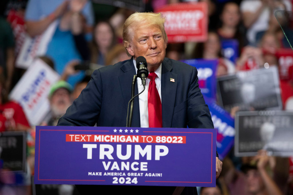 Republican Presidential nominee former President Donald J. Trump during a campaign rally at the Van Andel Arena in Grand Rapids, Michigan, on July 20, 2024.