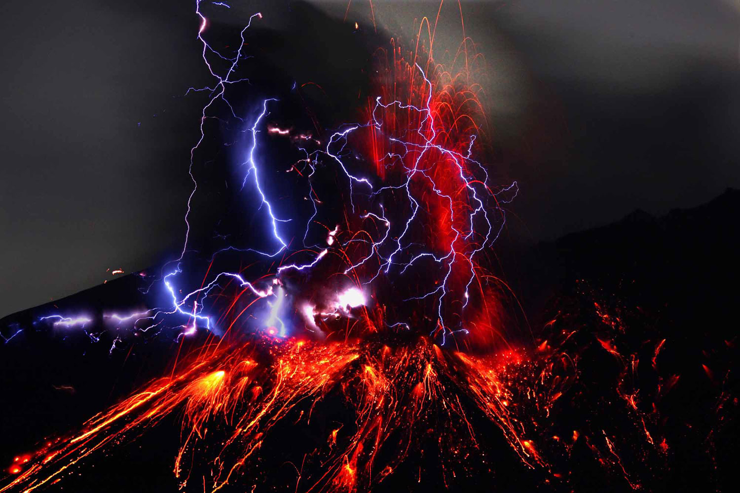 Showa crater of Sakurajima and volcanic lightning in Kagoshima Prefecture in Kyushu, Japan