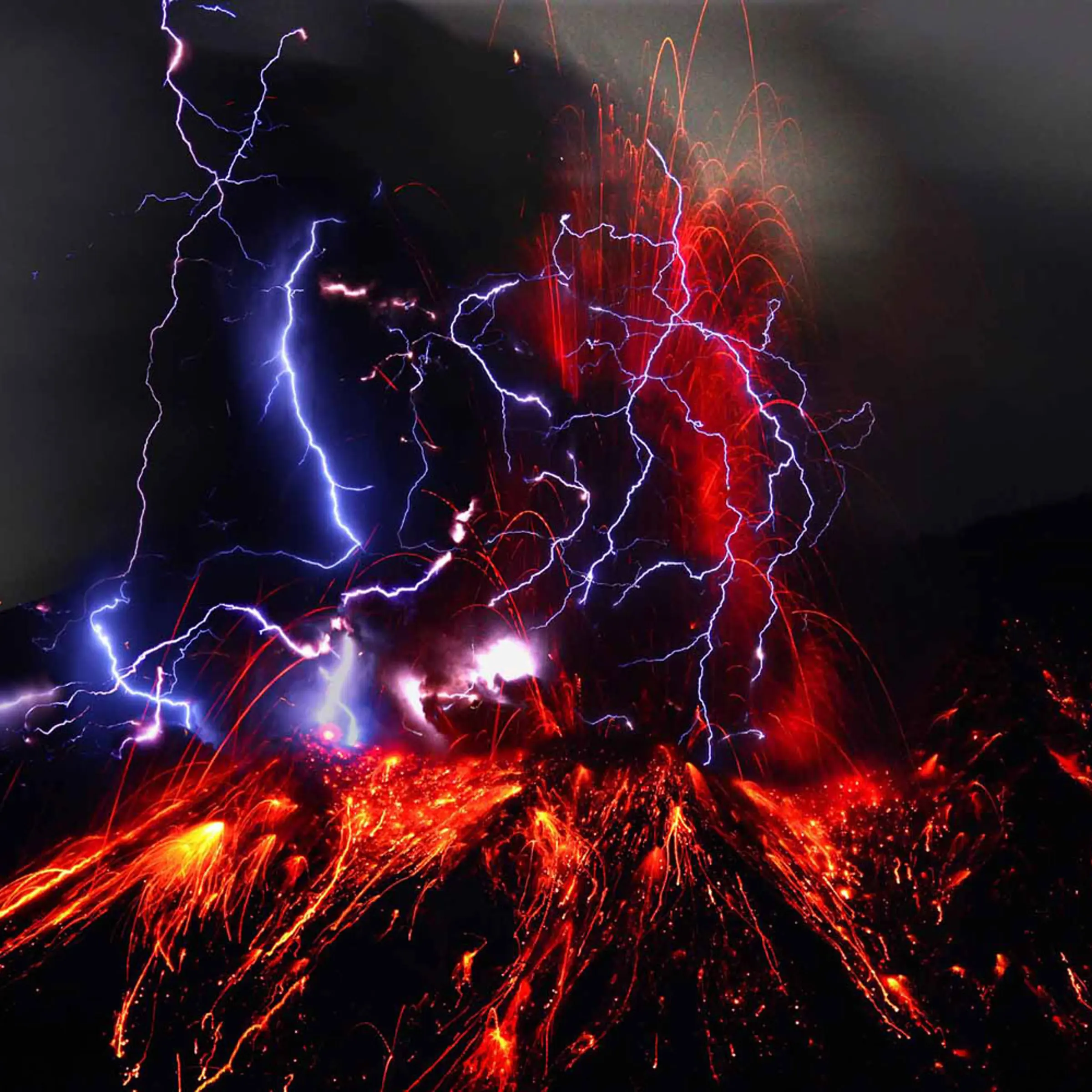 Showa crater of Sakurajima and volcanic lightning in Kagoshima Prefecture in Kyushu, Japan